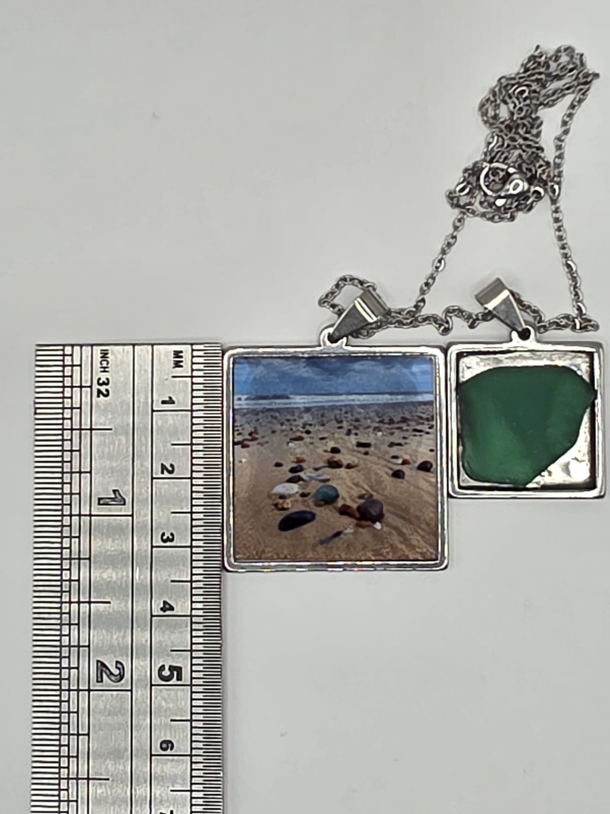 Sea glass and sea glass photo double pendant necklace featuring the actual found piece of sea glass in the photo
