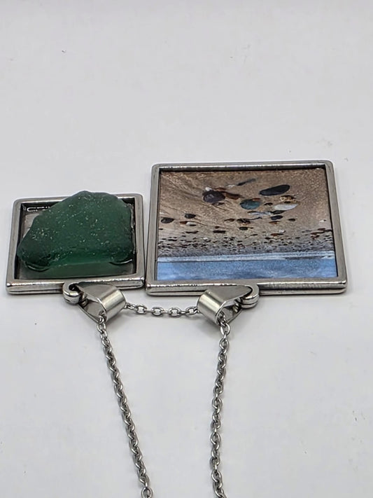 Sea glass and sea glass photo double pendant necklace featuring the actual found piece of sea glass in the photo