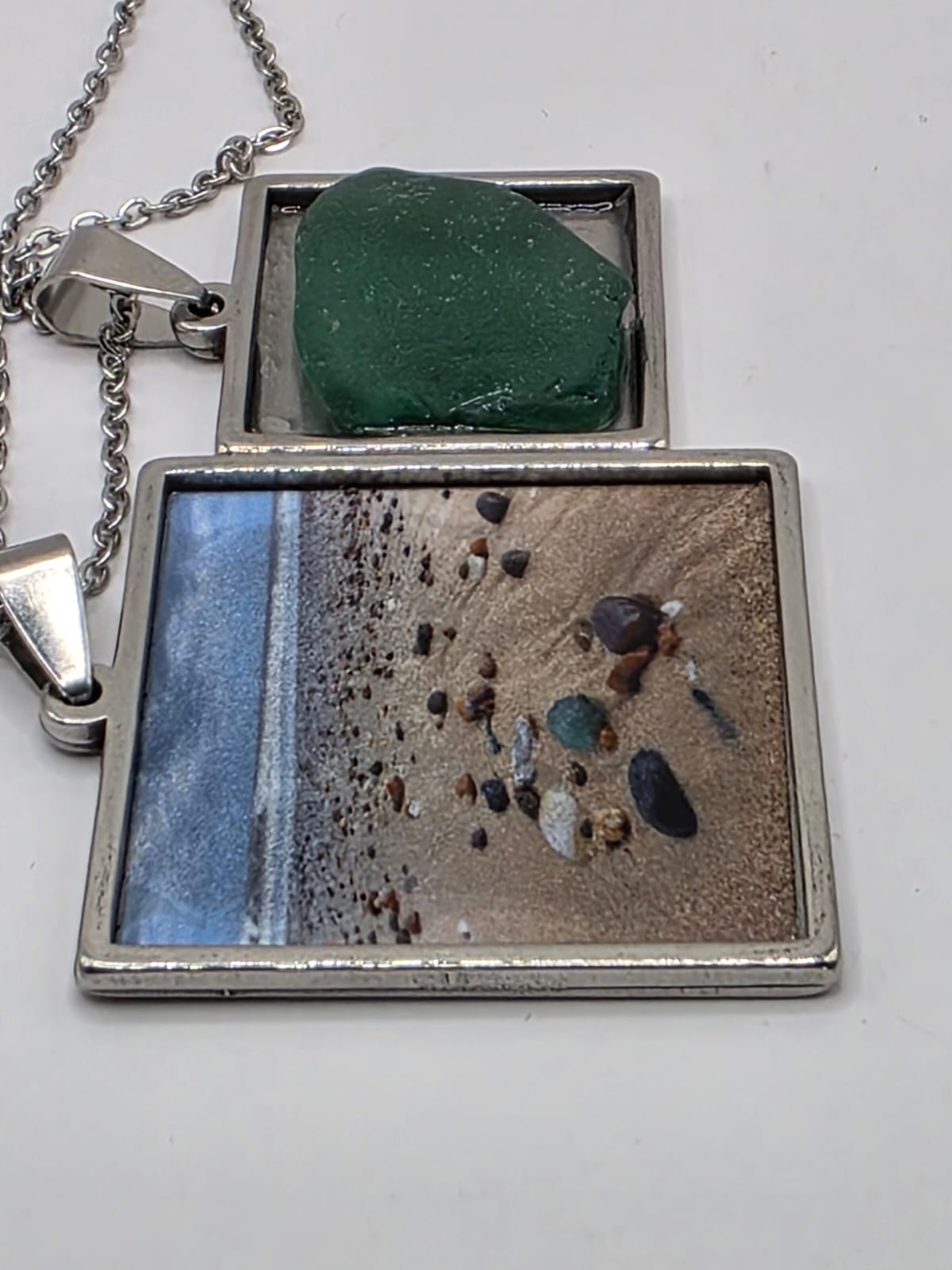 Sea glass and sea glass photo double pendant necklace featuring the actual found piece of sea glass in the photo