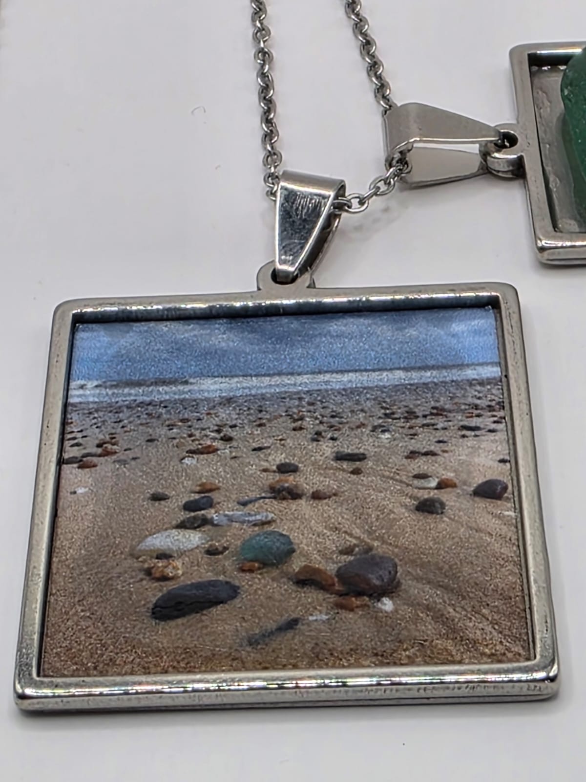 Sea glass and sea glass photo double pendant necklace featuring the actual found piece of sea glass in the photo