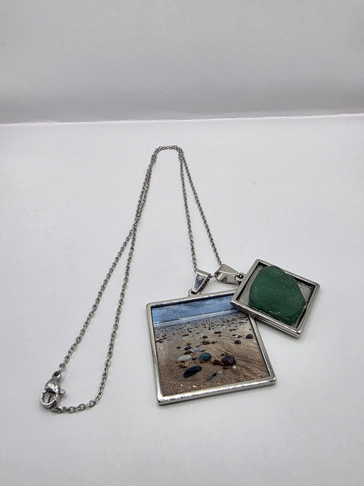 Sea glass and sea glass photo double pendant necklace featuring the actual found piece of sea glass in the photo