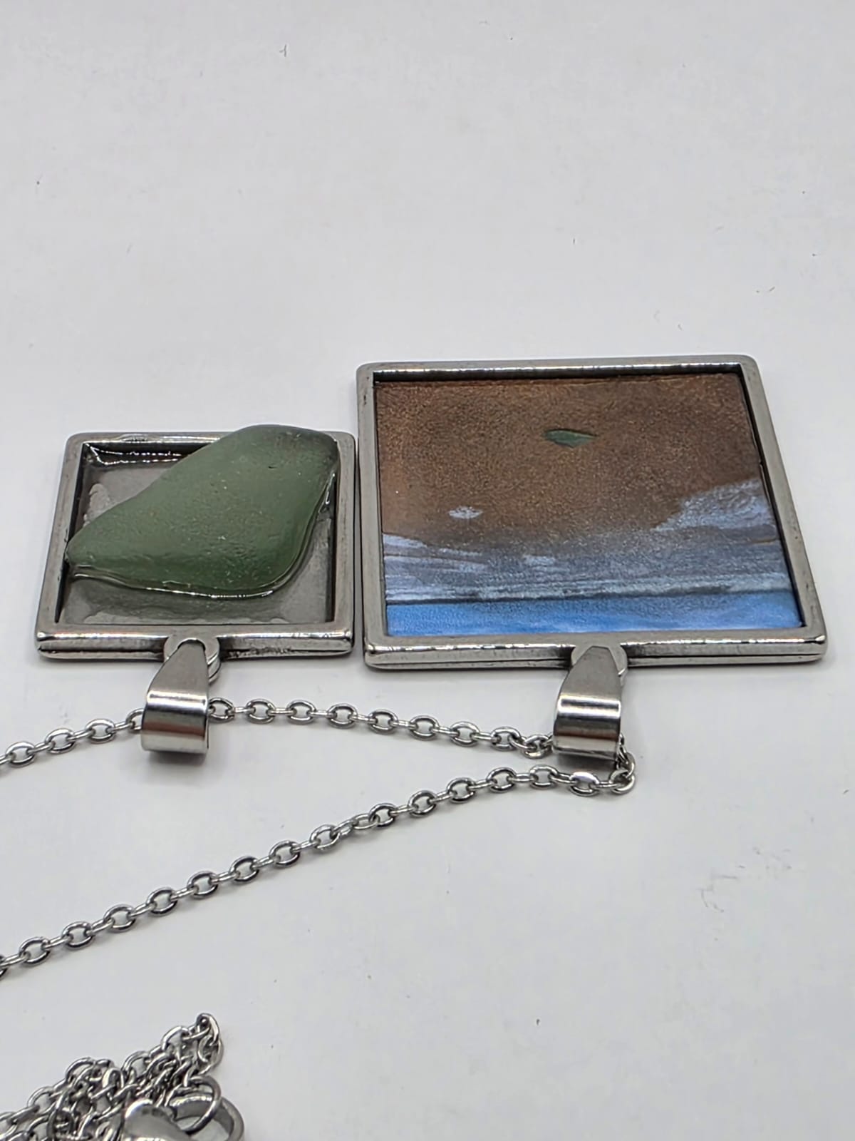 Sea glass and sea glass photo double pendant necklace featuring the actual found piece of sea glass in the photo