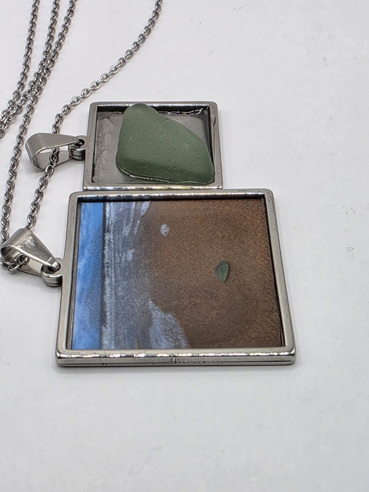 Sea glass and sea glass photo double pendant necklace featuring the actual found piece of sea glass in the photo