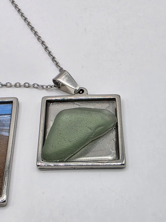 Sea glass and sea glass photo double pendant necklace featuring the actual found piece of sea glass in the photo