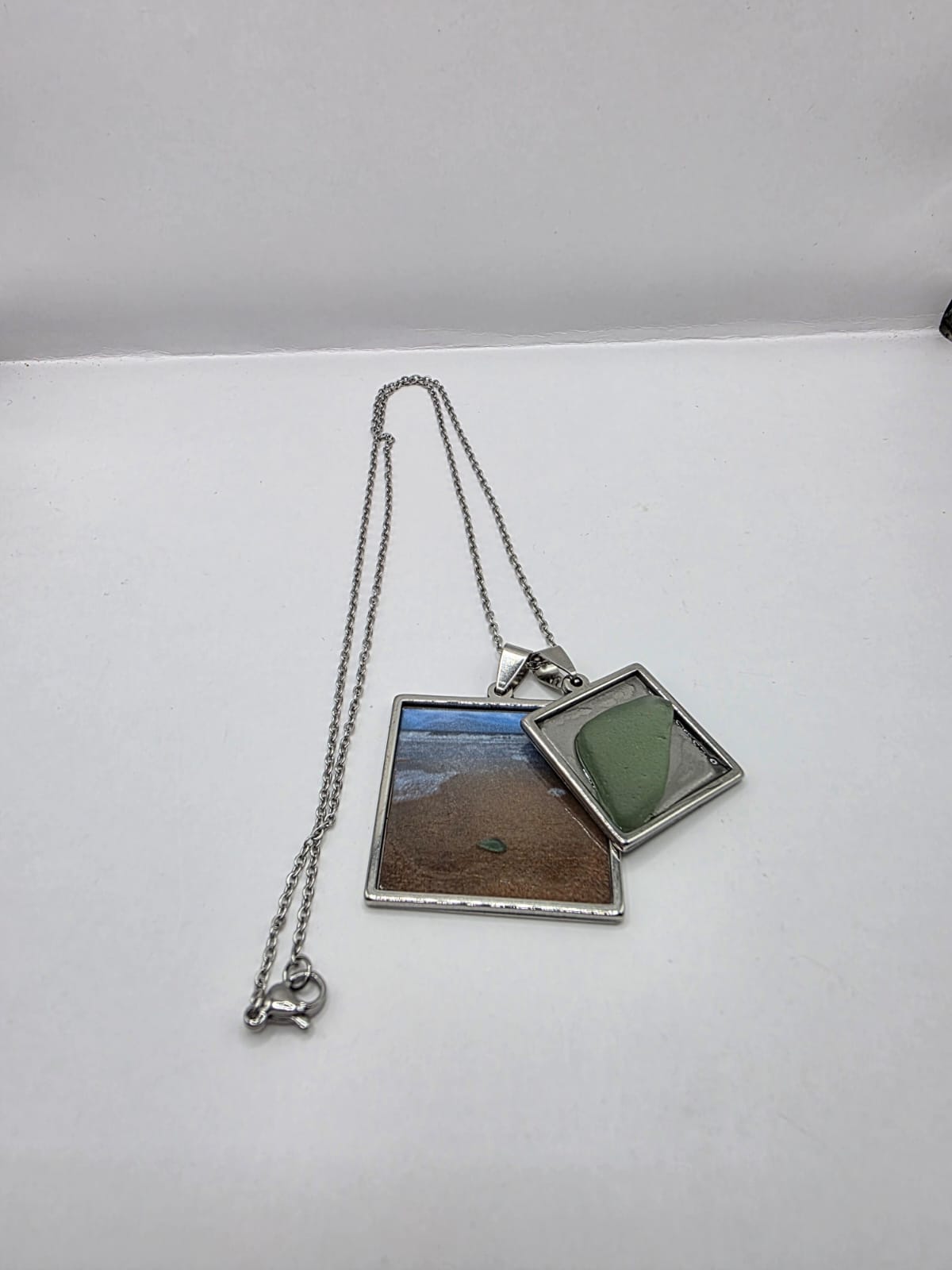 Sea glass and sea glass photo double pendant necklace featuring the actual found piece of sea glass in the photo