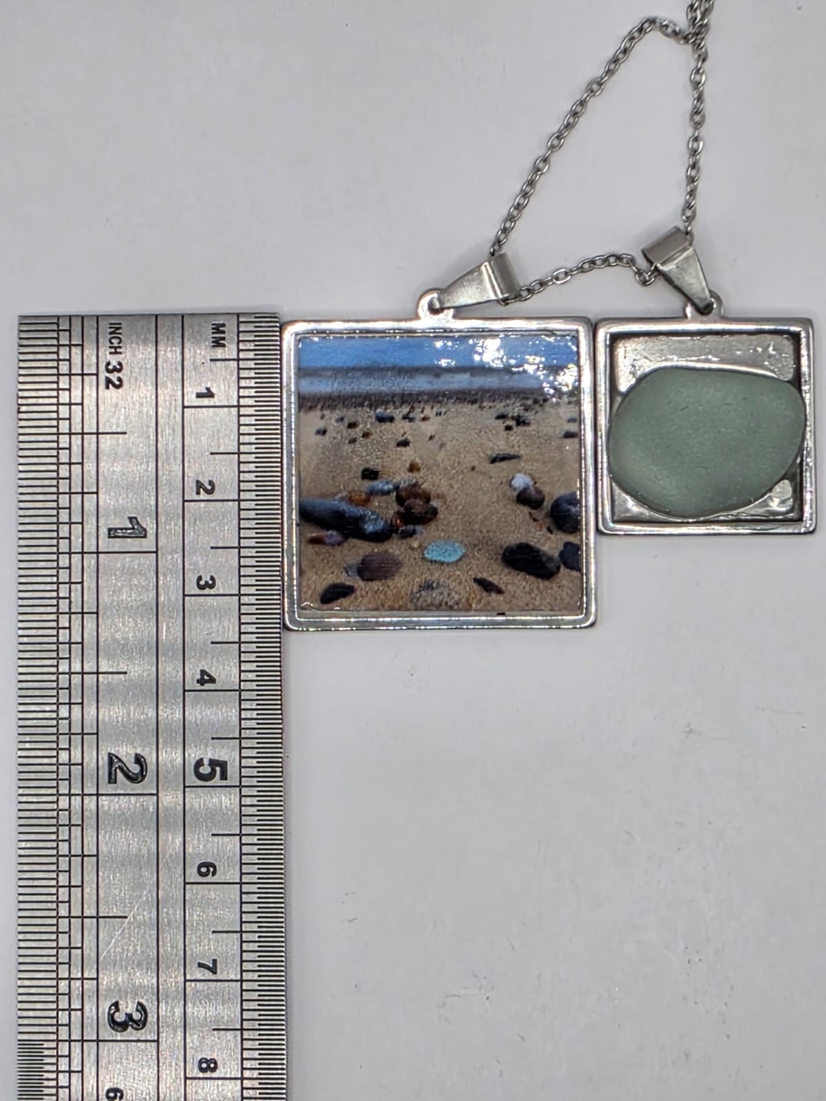 Sea glass and sea glass photo double pendant necklace featuring the actual found piece of sea glass in the photo