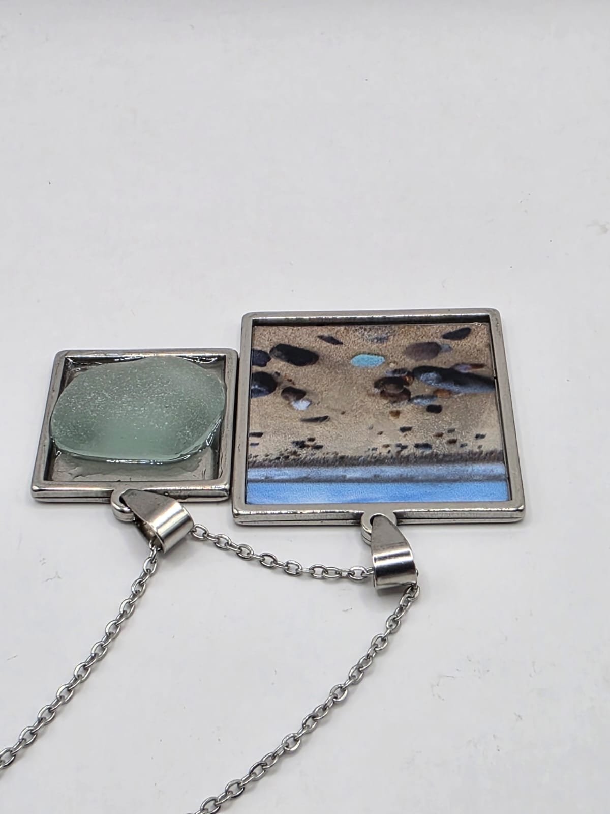 Sea glass and sea glass photo double pendant necklace featuring the actual found piece of sea glass in the photo