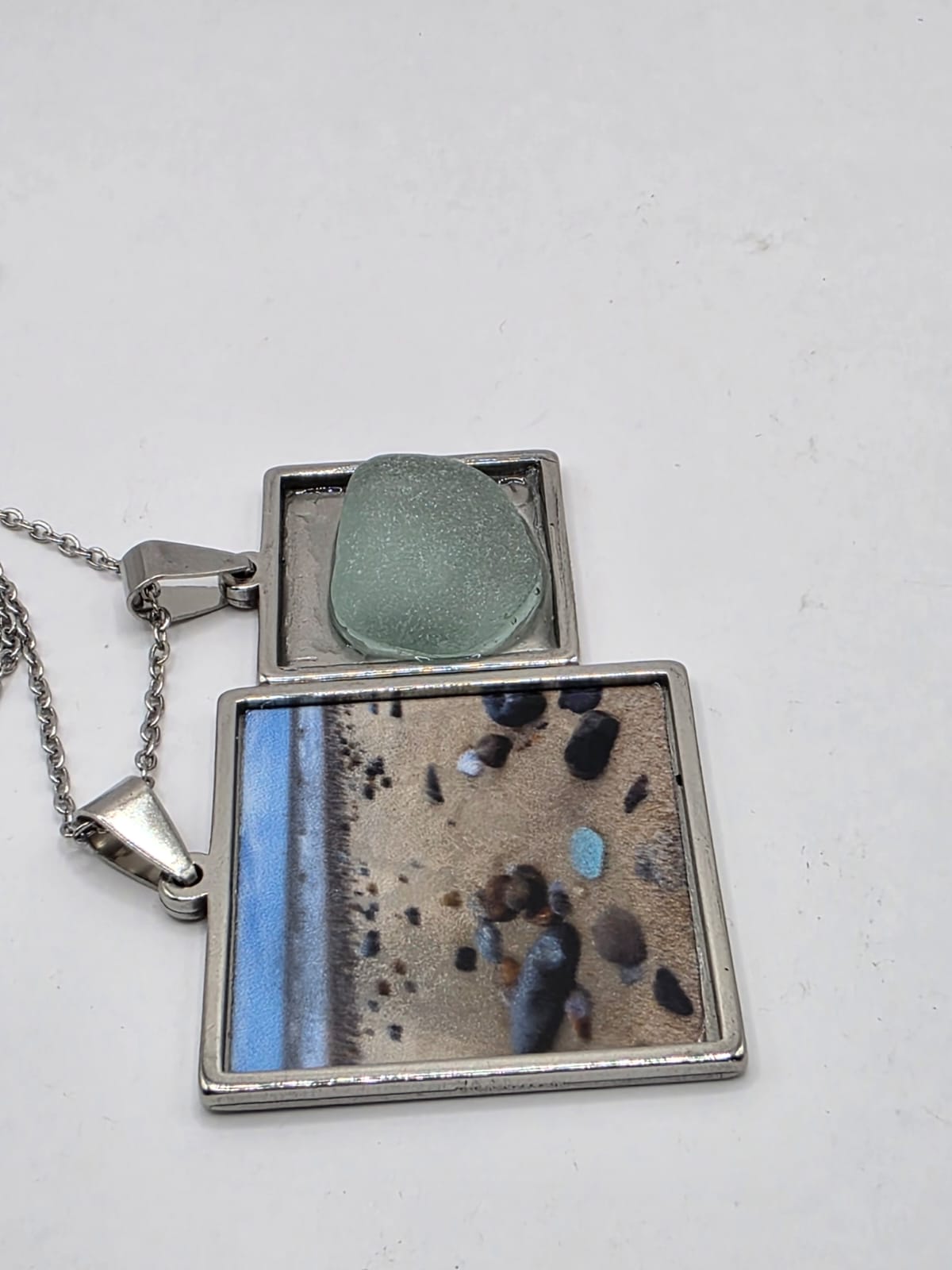 Sea glass and sea glass photo double pendant necklace featuring the actual found piece of sea glass in the photo