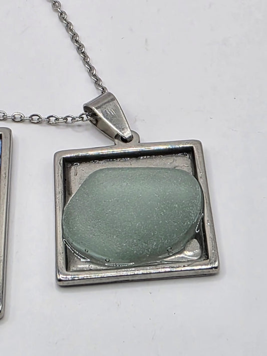 Sea glass and sea glass photo double pendant necklace featuring the actual found piece of sea glass in the photo