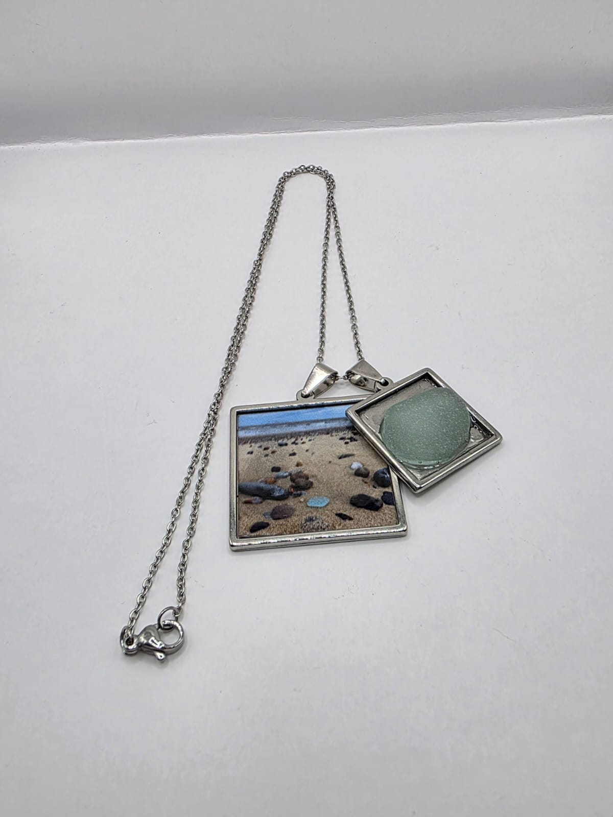 Sea glass and sea glass photo double pendant necklace featuring the actual found piece of sea glass in the photo
