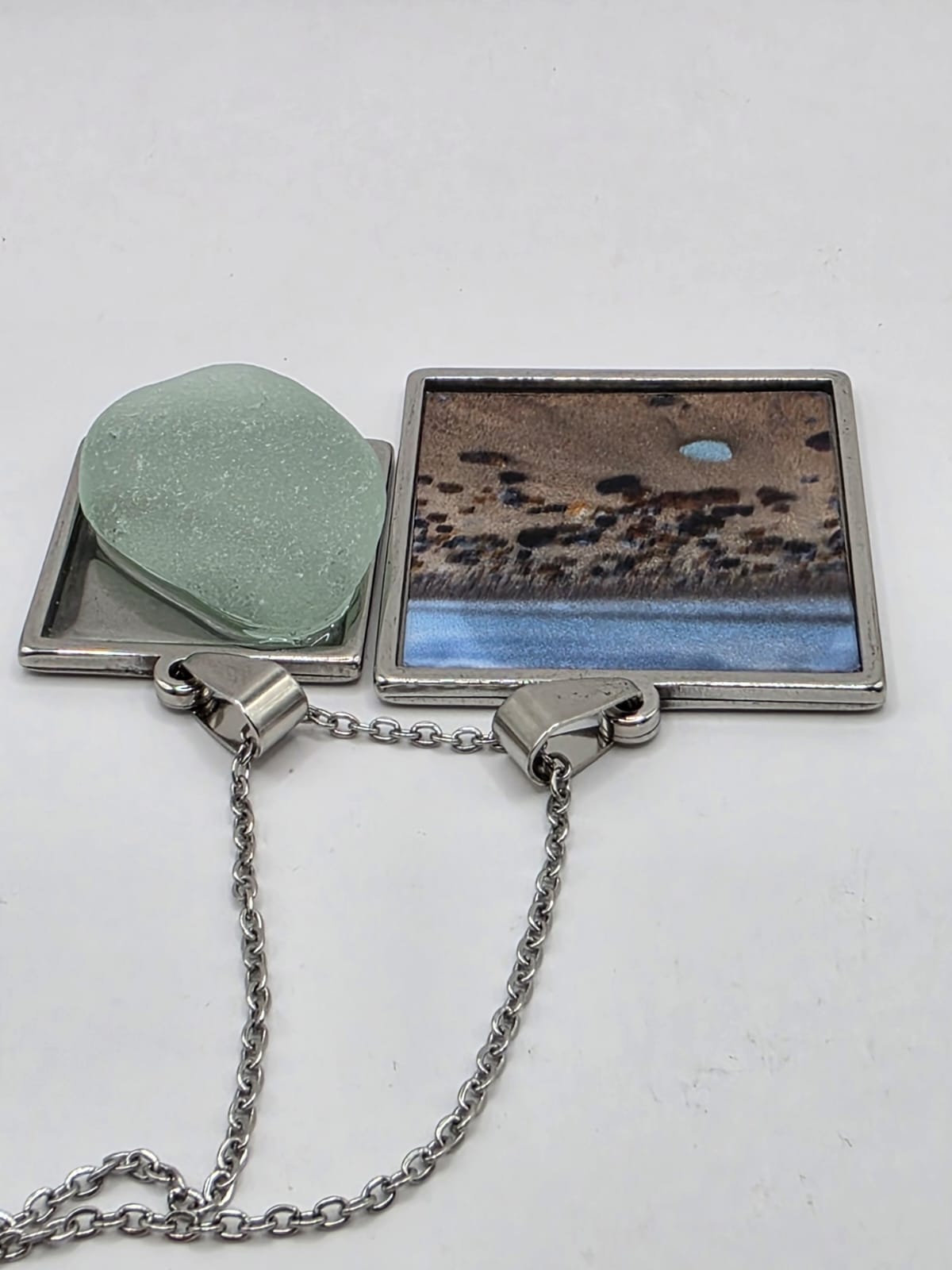 Sea glass and sea glass photo double pendant necklace featuring the actual found piece of sea glass in the photo