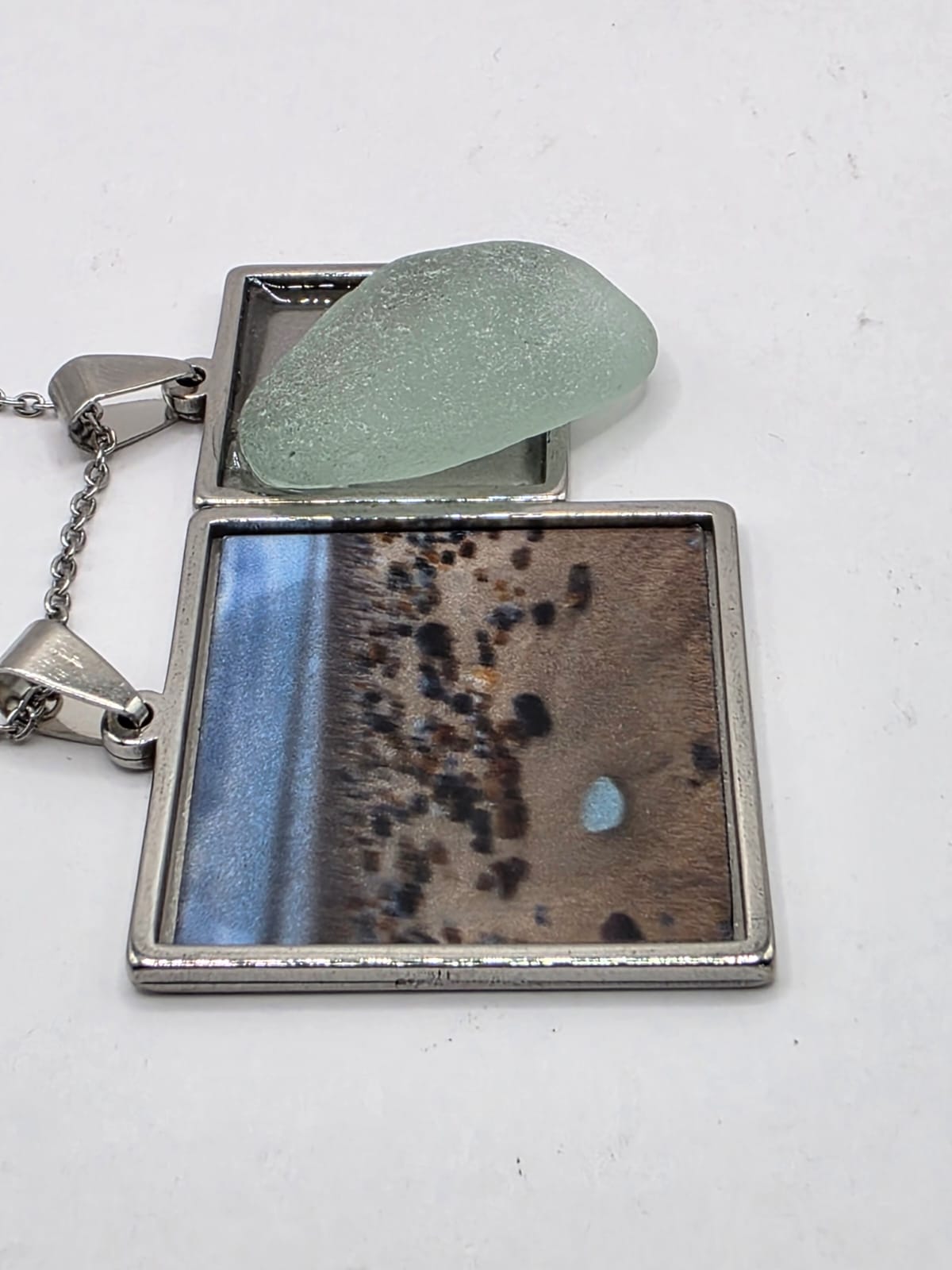 Sea glass and sea glass photo double pendant necklace featuring the actual found piece of sea glass in the photo