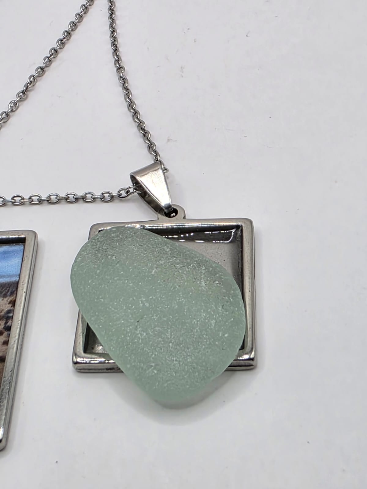 Sea glass and sea glass photo double pendant necklace featuring the actual found piece of sea glass in the photo