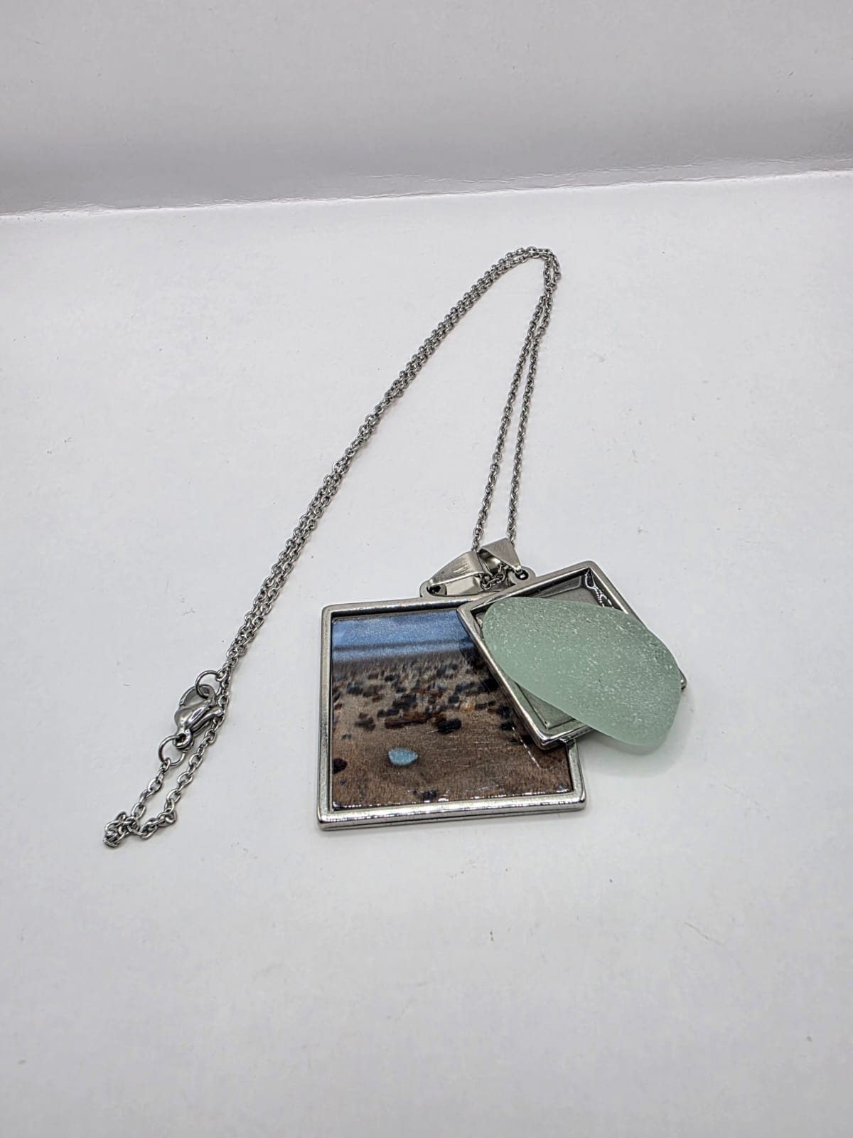 Sea glass and sea glass photo double pendant necklace featuring the actual found piece of sea glass in the photo