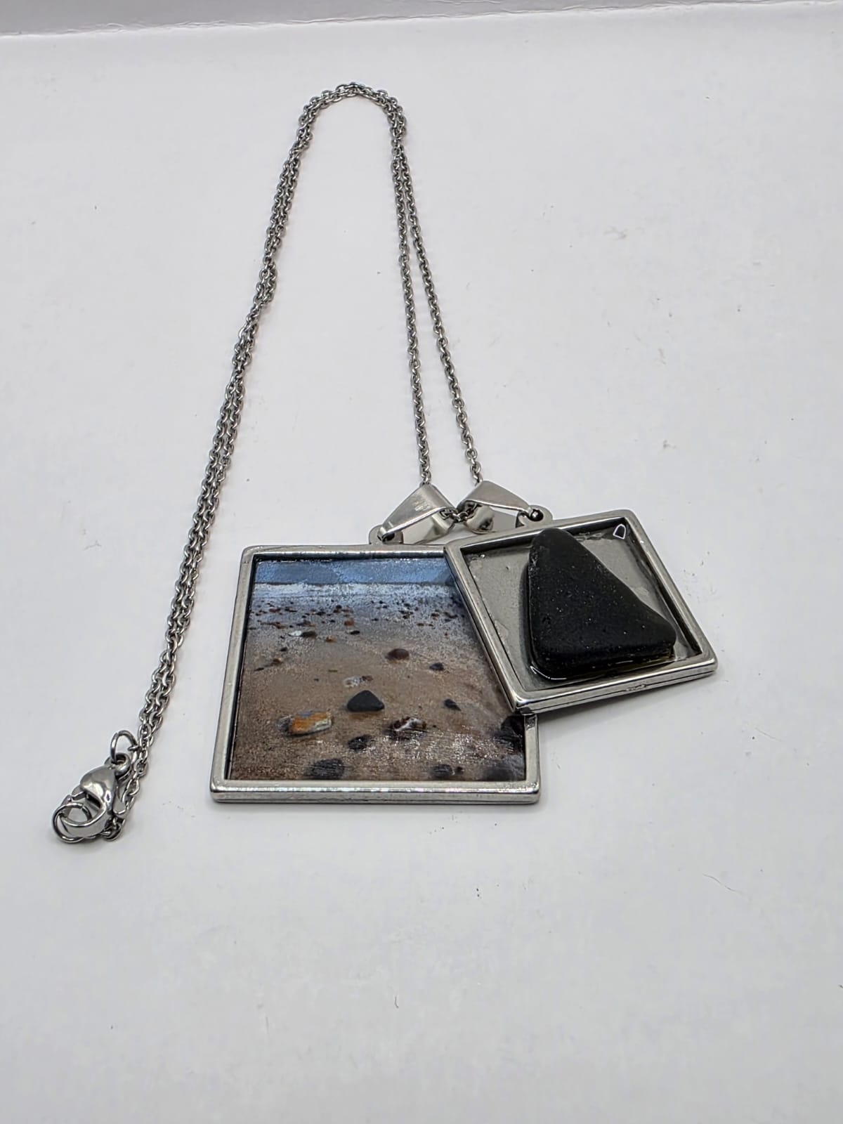 Sea glass and sea glass photo double pendant necklace featuring the actual found piece of sea glass in the photo