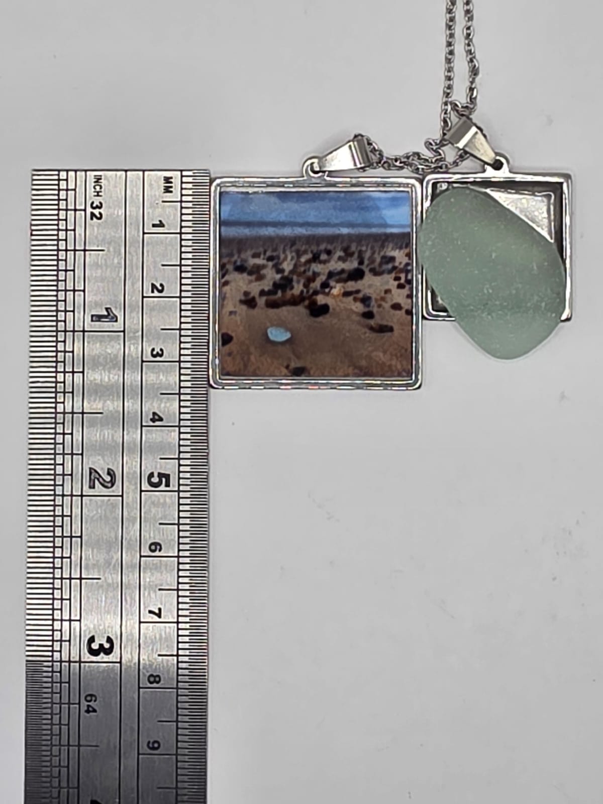 Sea glass and sea glass photo double pendant necklace featuring the actual found piece of sea glass in the photo
