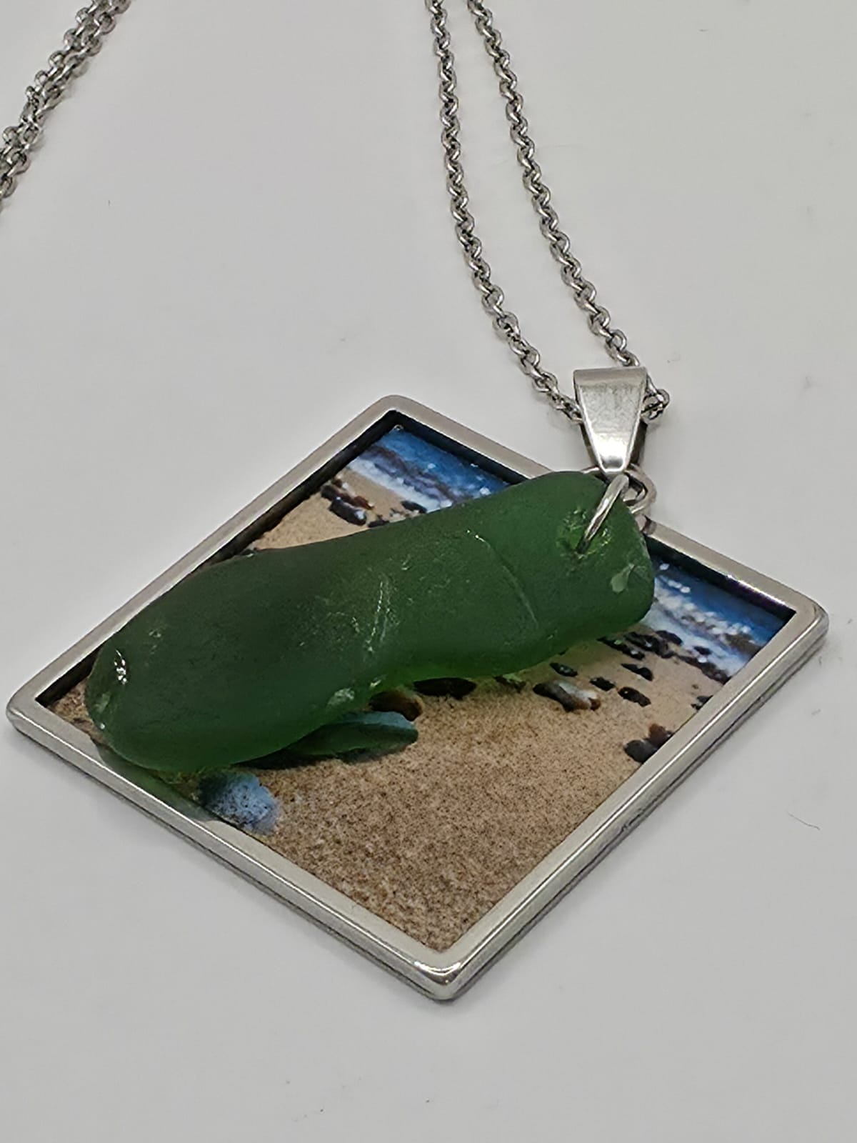 Real Sea Glass Pendant Necklace with Found Location Beach Photo, Stainless Steel Chain and Bezel