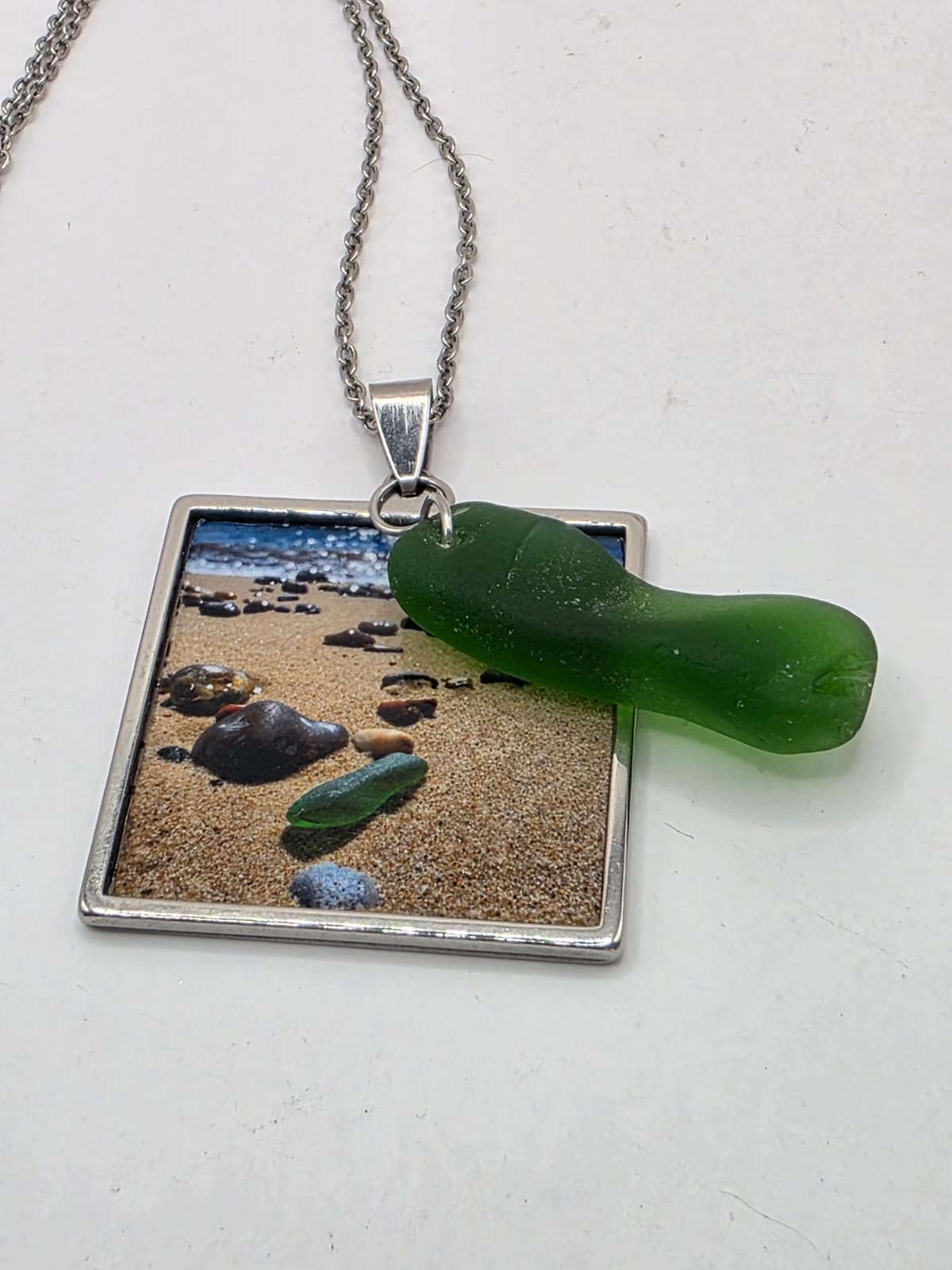 Real Sea Glass Pendant Necklace with Found Location Beach Photo, Stainless Steel Chain and Bezel
