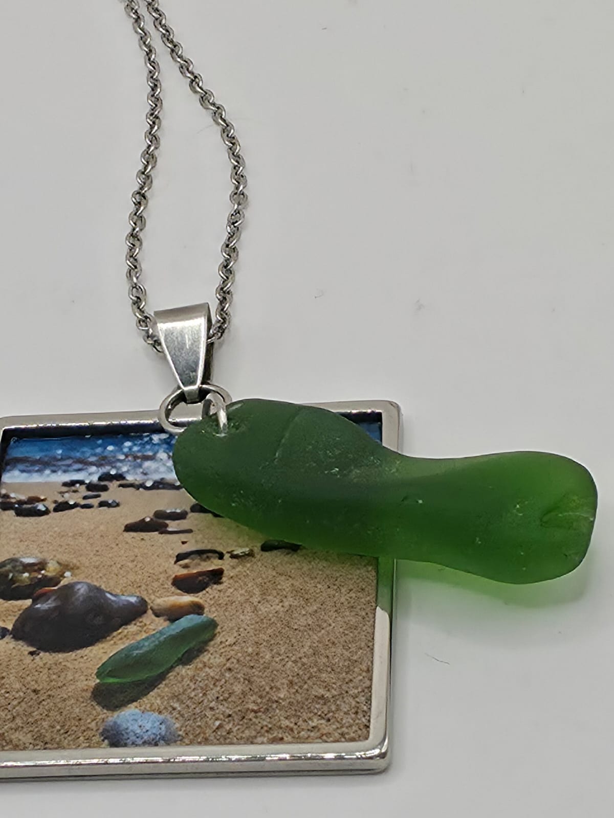 Real Sea Glass Pendant Necklace with Found Location Beach Photo, Stainless Steel Chain and Bezel