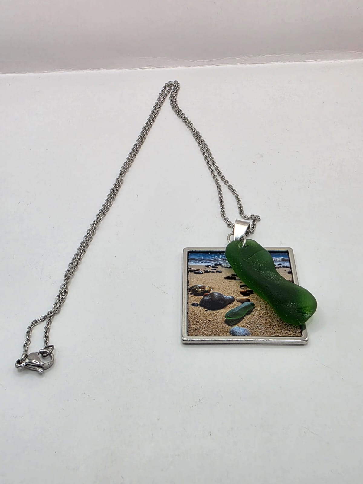 Real Sea Glass Pendant Necklace with Found Location Beach Photo, Stainless Steel Chain and Bezel