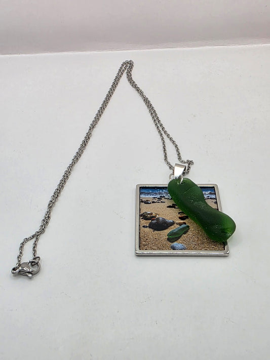 Real Sea Glass Pendant Necklace with Found Location Beach Photo, Stainless Steel Chain and Bezel