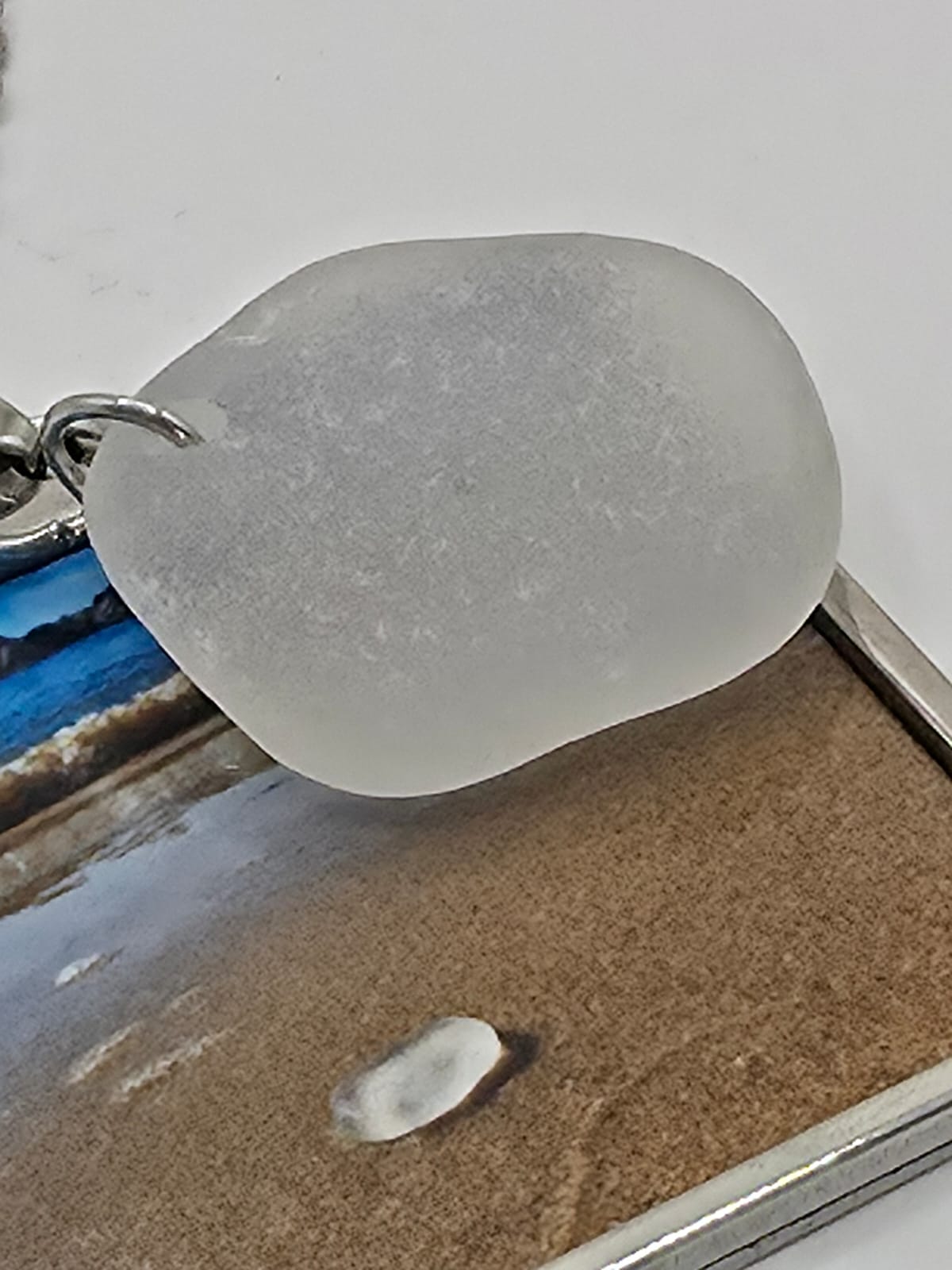Real Sea Glass Pendant Necklace with Found Location Beach Photo, Stainless Steel Chain and Bezel