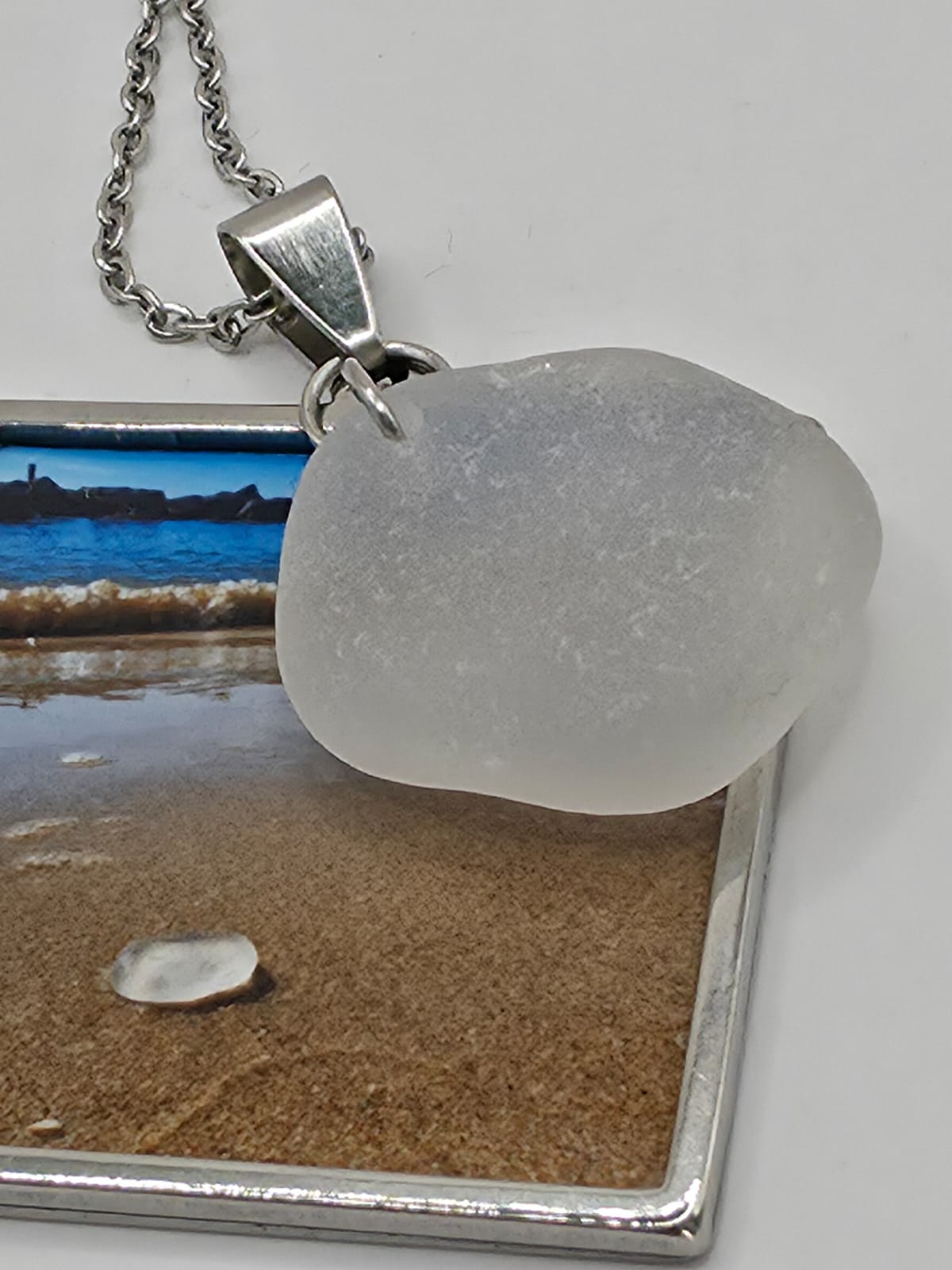 Real Sea Glass Pendant Necklace with Found Location Beach Photo, Stainless Steel Chain and Bezel