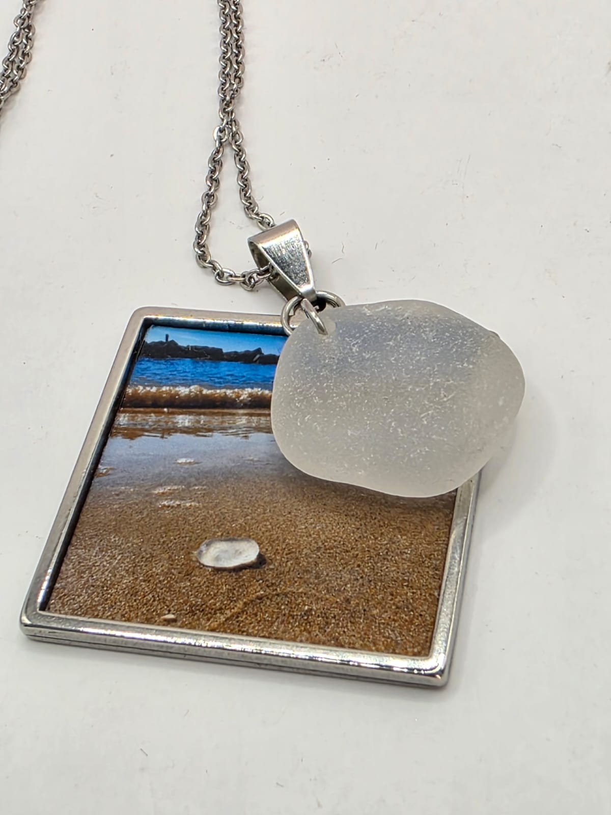 Real Sea Glass Pendant Necklace with Found Location Beach Photo, Stainless Steel Chain and Bezel