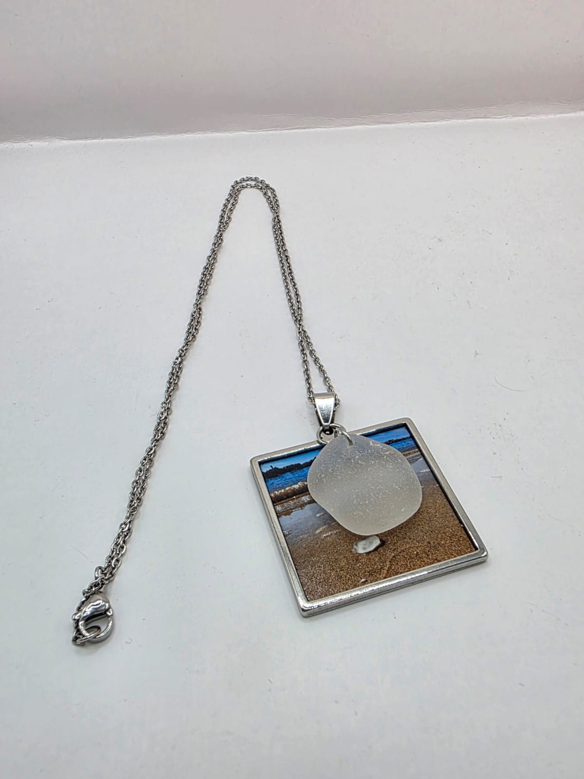 Real Sea Glass Pendant Necklace with Found Location Beach Photo, Stainless Steel Chain and Bezel
