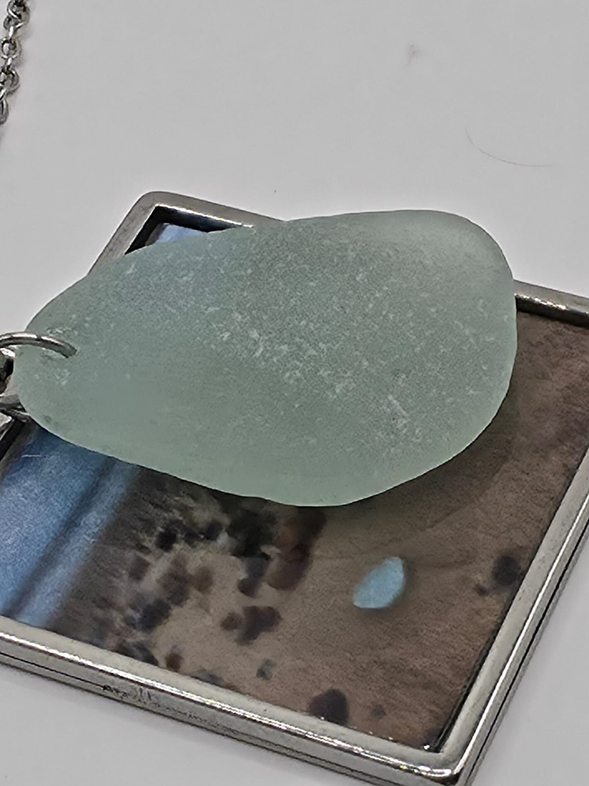 Real Sea Glass Pendant Necklace with Found Location Beach Photo, Stainless Steel Chain and Bezel