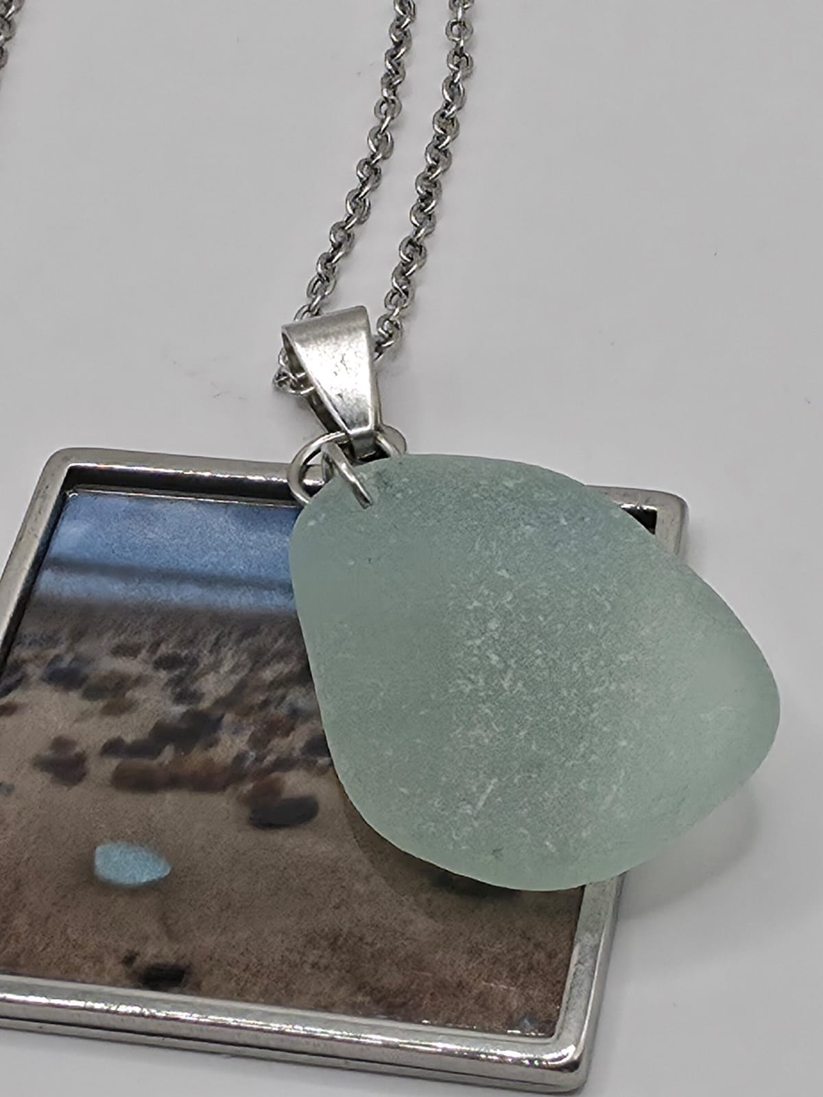 Real Sea Glass Pendant Necklace with Found Location Beach Photo, Stainless Steel Chain and Bezel