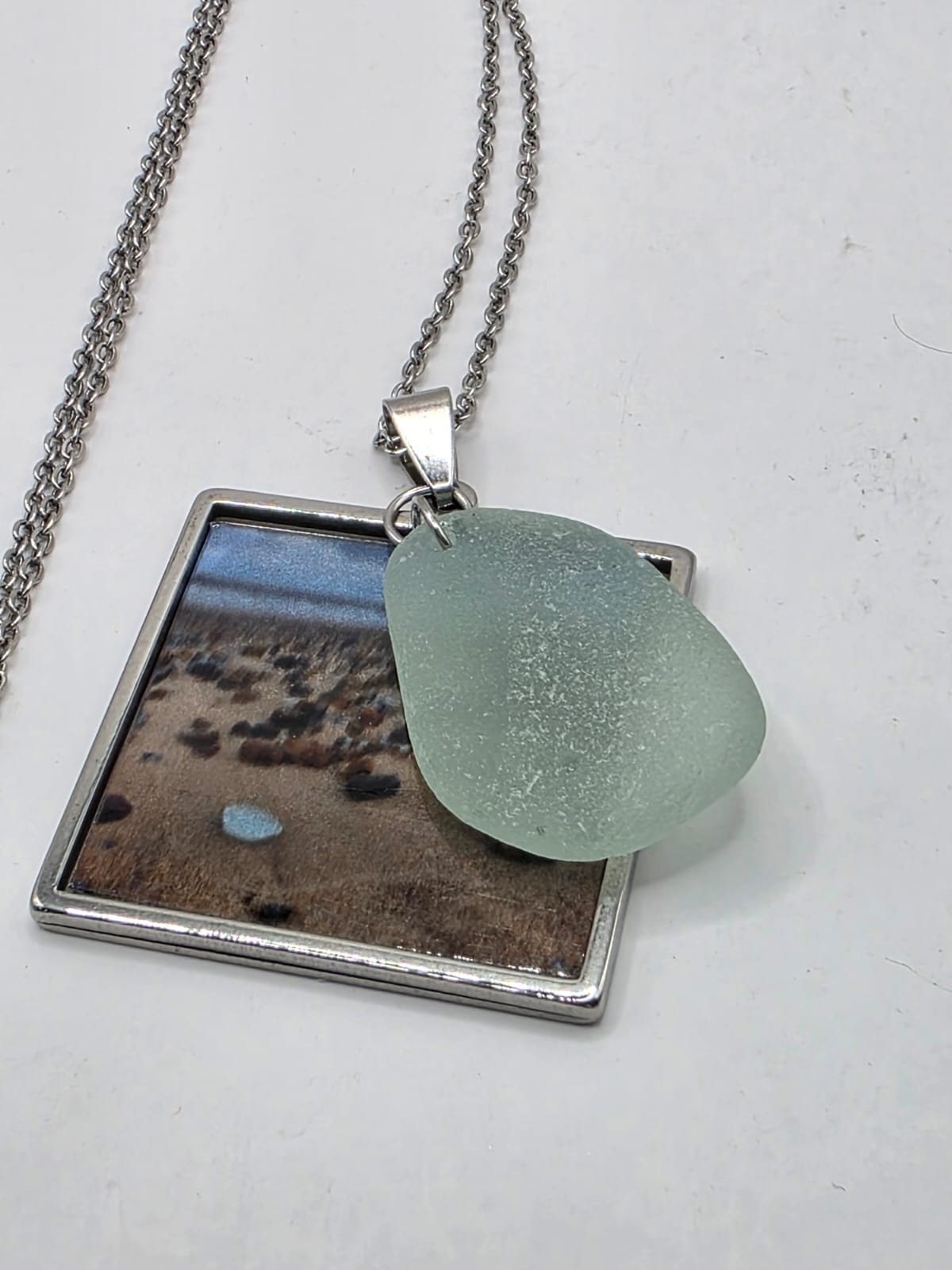 Real Sea Glass Pendant Necklace with Found Location Beach Photo, Stainless Steel Chain and Bezel