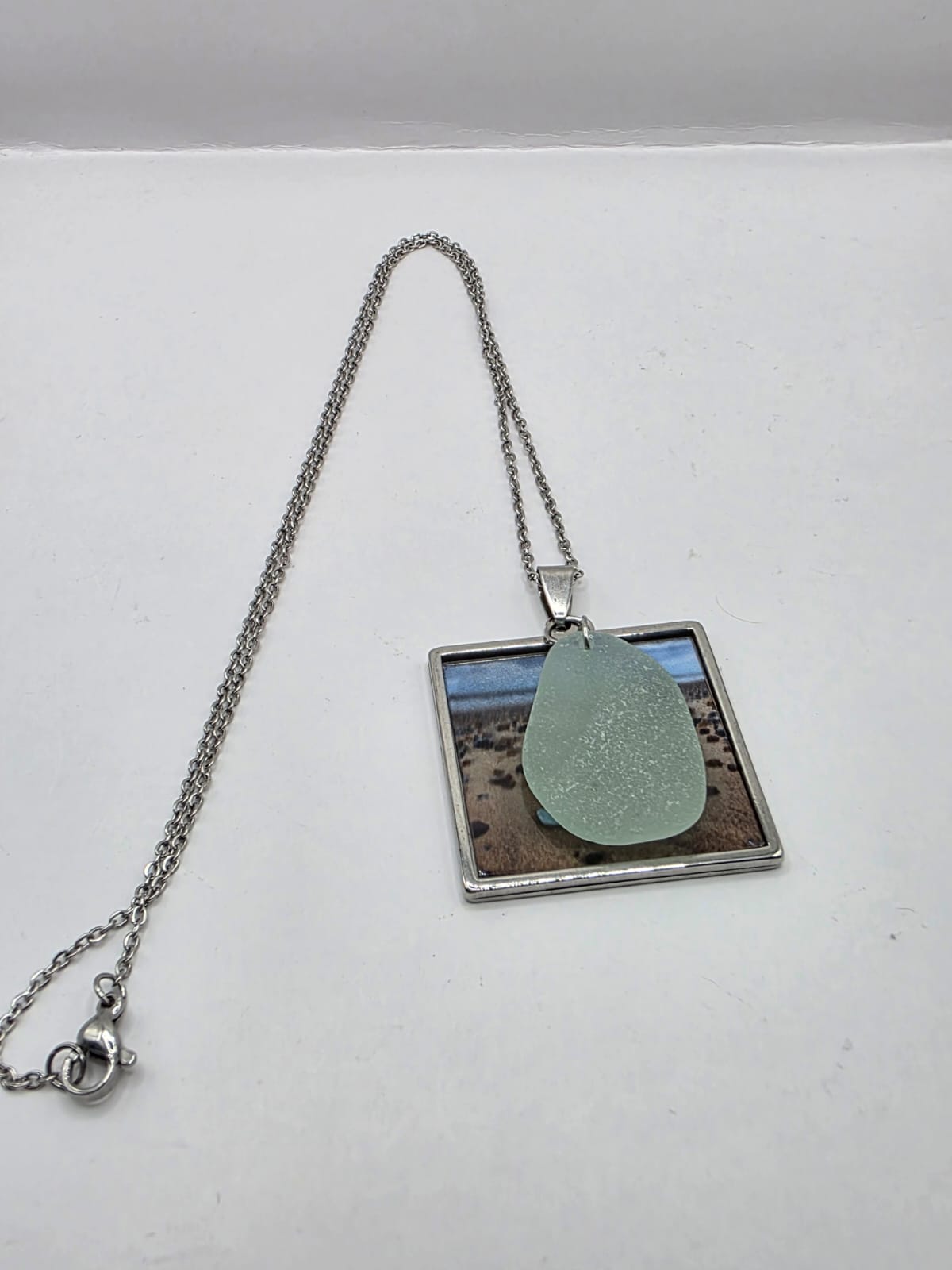 Real Sea Glass Pendant Necklace with Found Location Beach Photo, Stainless Steel Chain and Bezel