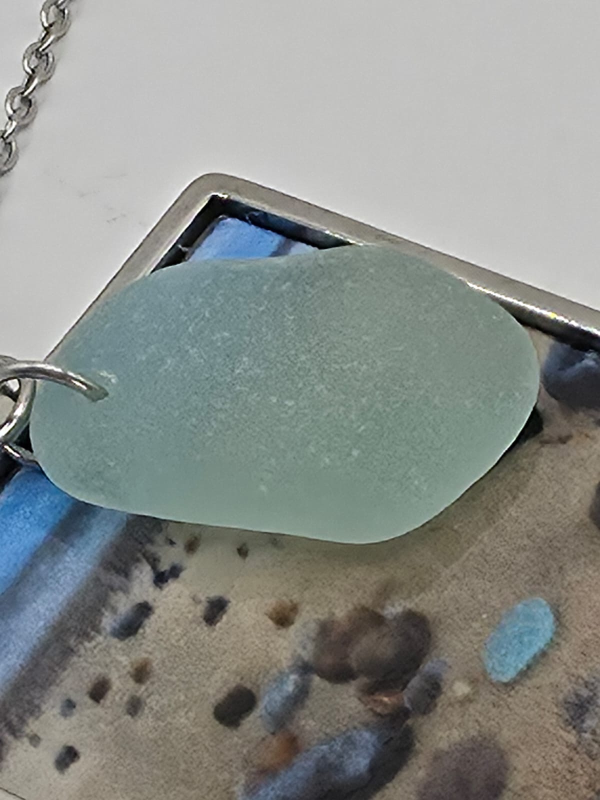 Real Sea Glass Pendant Necklace with Found Location Beach Photo, Stainless Steel Chain and Bezel