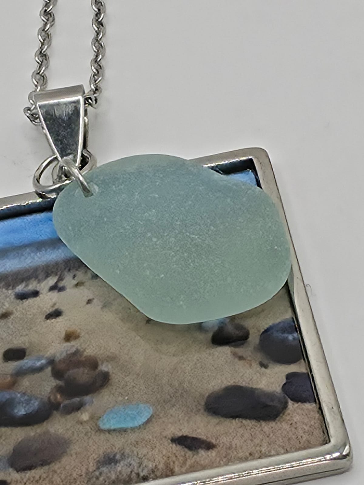 Real Sea Glass Pendant Necklace with Found Location Beach Photo, Stainless Steel Chain and Bezel
