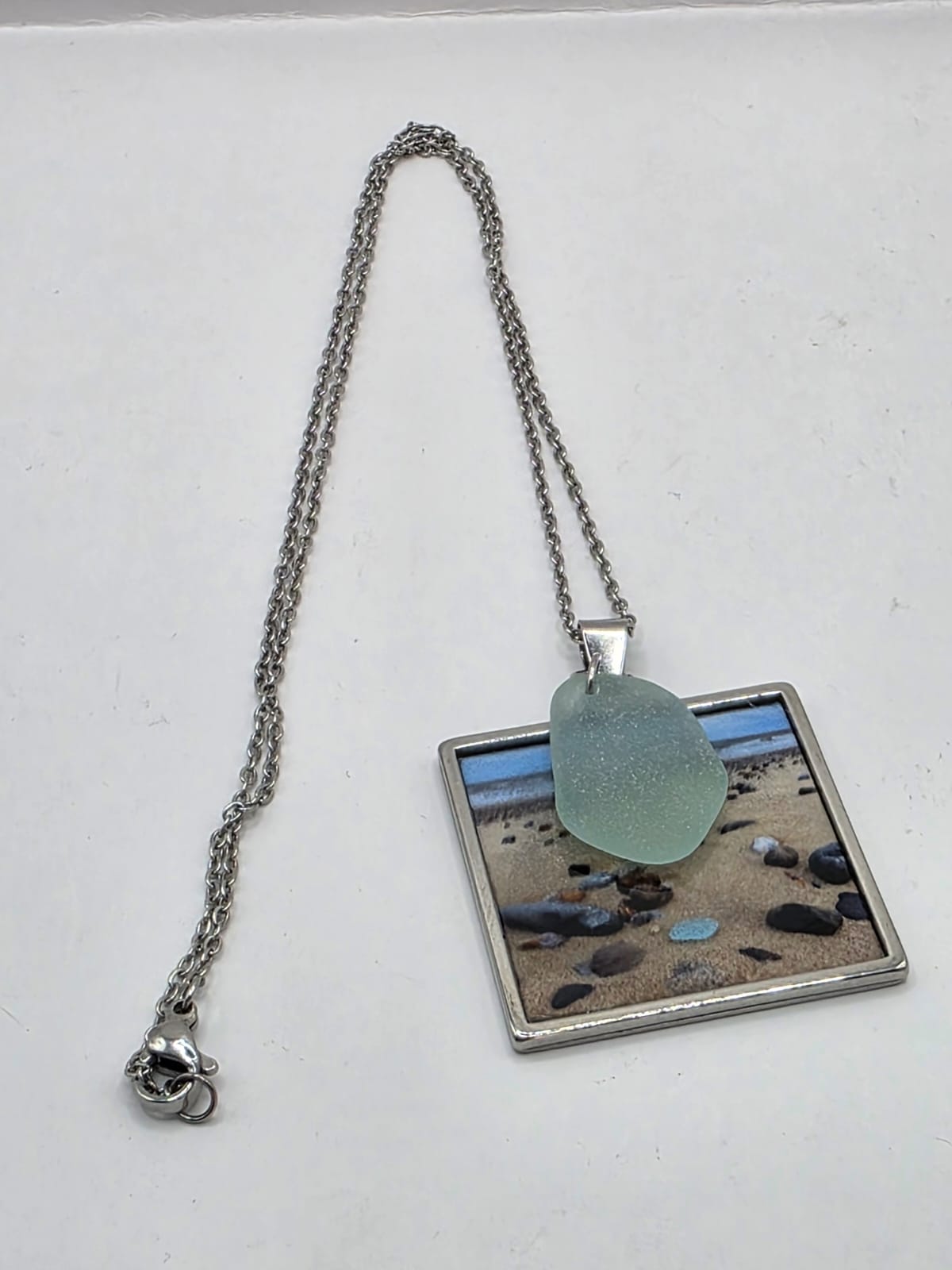 Real Sea Glass Pendant Necklace with Found Location Beach Photo, Stainless Steel Chain and Bezel