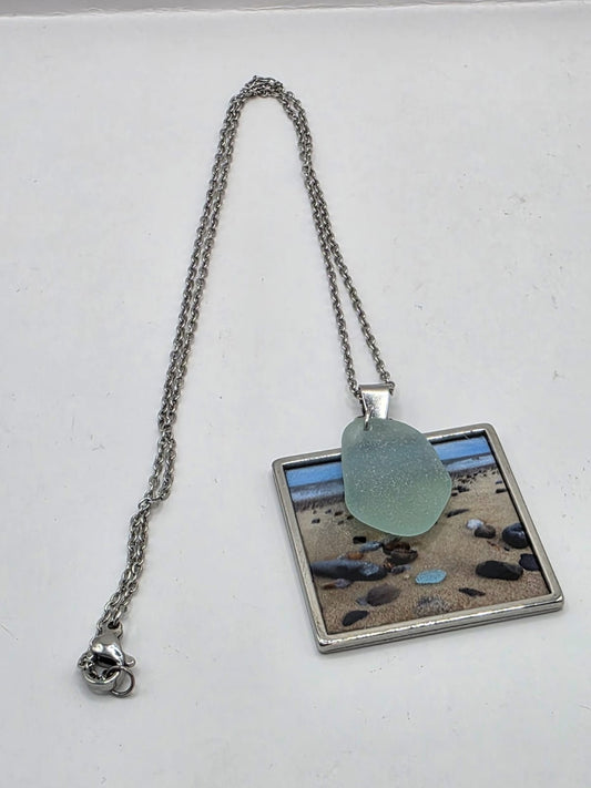 Real Sea Glass Pendant Necklace with Found Location Beach Photo, Stainless Steel Chain and Bezel