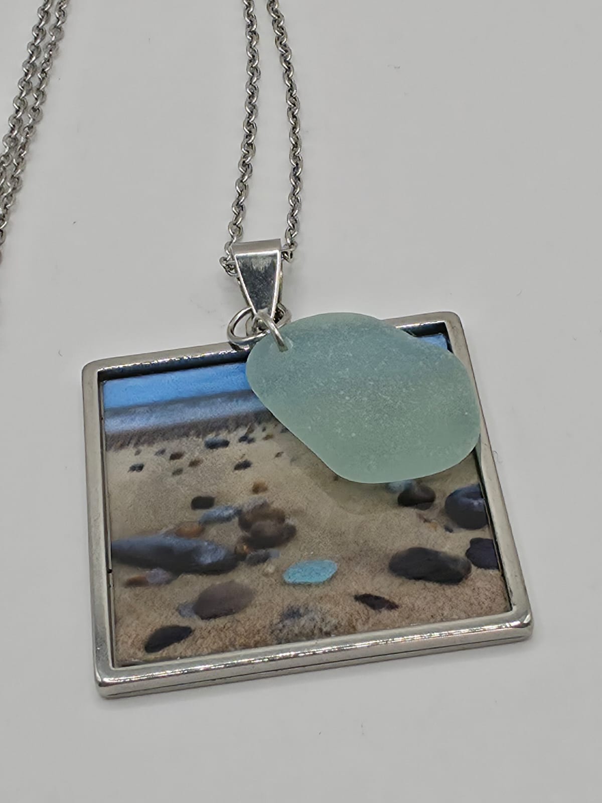 Real Sea Glass Pendant Necklace with Found Location Beach Photo, Stainless Steel Chain and Bezel