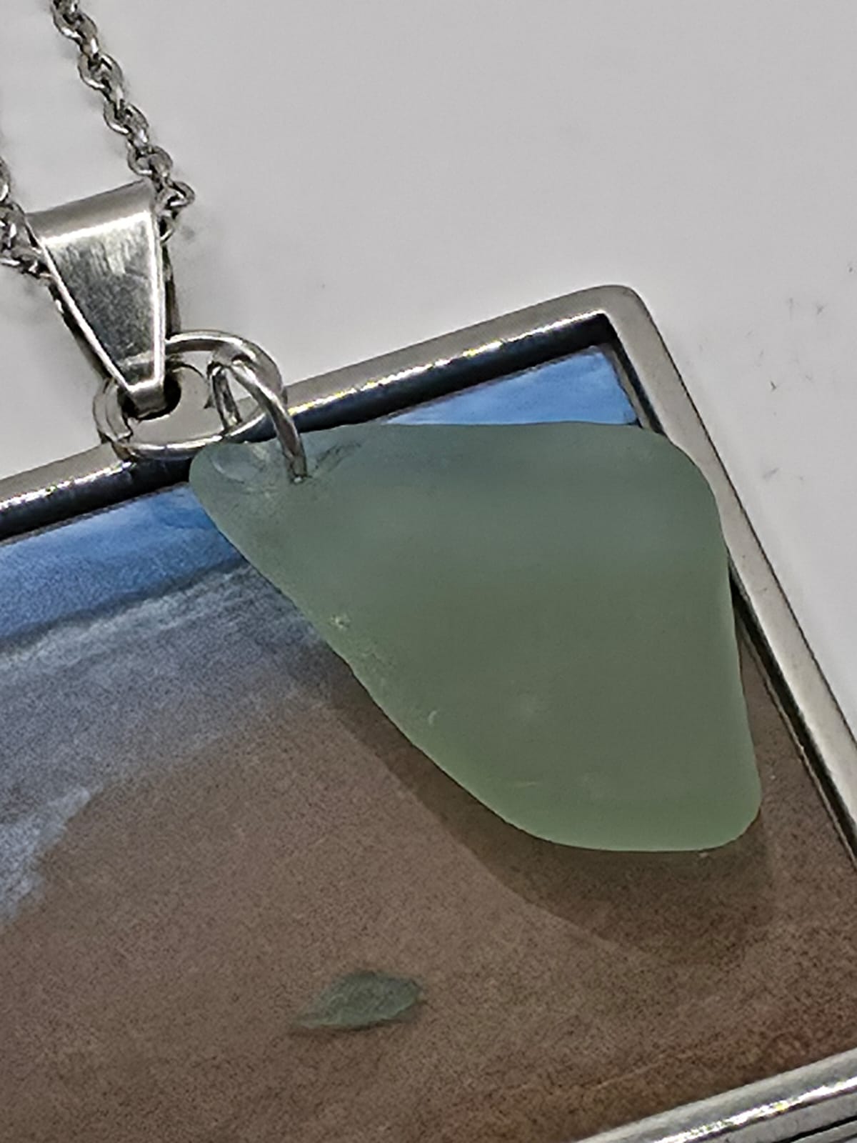 Real Sea Glass Pendant Necklace with Found Location Beach Photo, Stainless Steel Chain and Bezel
