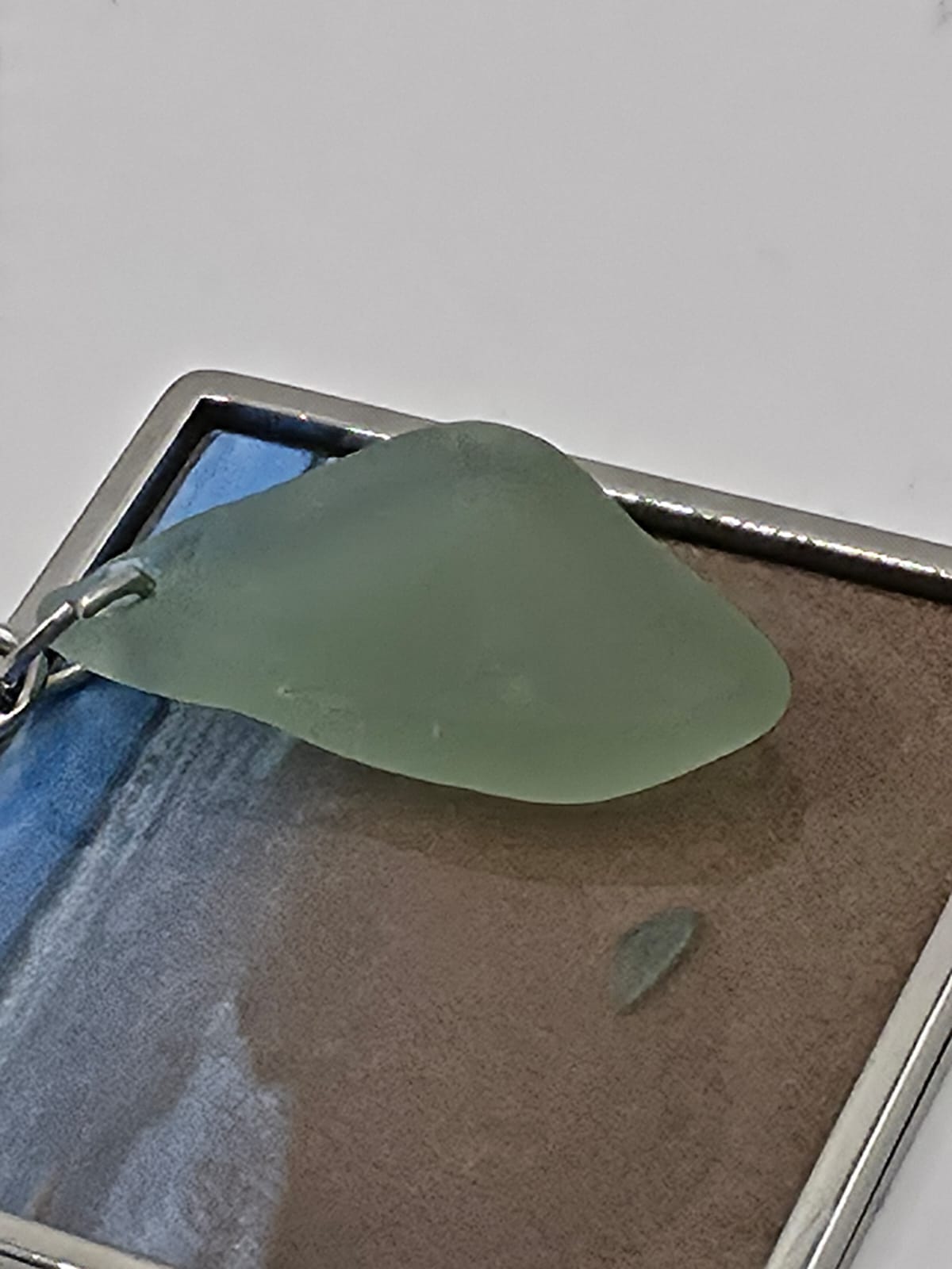 Real Sea Glass Pendant Necklace with Found Location Beach Photo, Stainless Steel Chain and Bezel