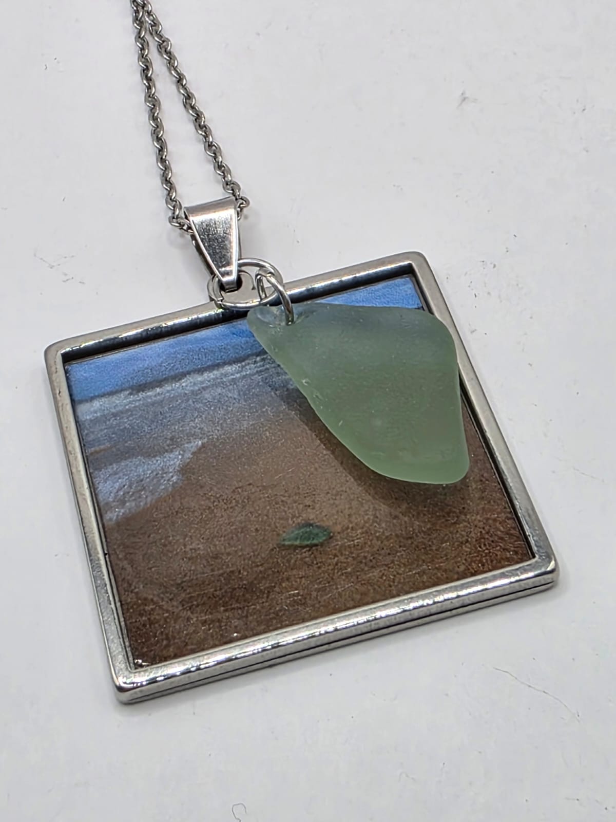 Real Sea Glass Pendant Necklace with Found Location Beach Photo, Stainless Steel Chain and Bezel