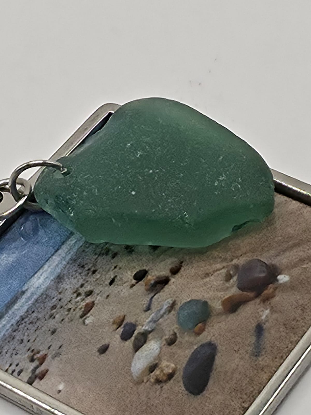 Real Sea Glass Pendant Necklace with Found Location Beach Photo, Stainless Steel Chain and Bezel