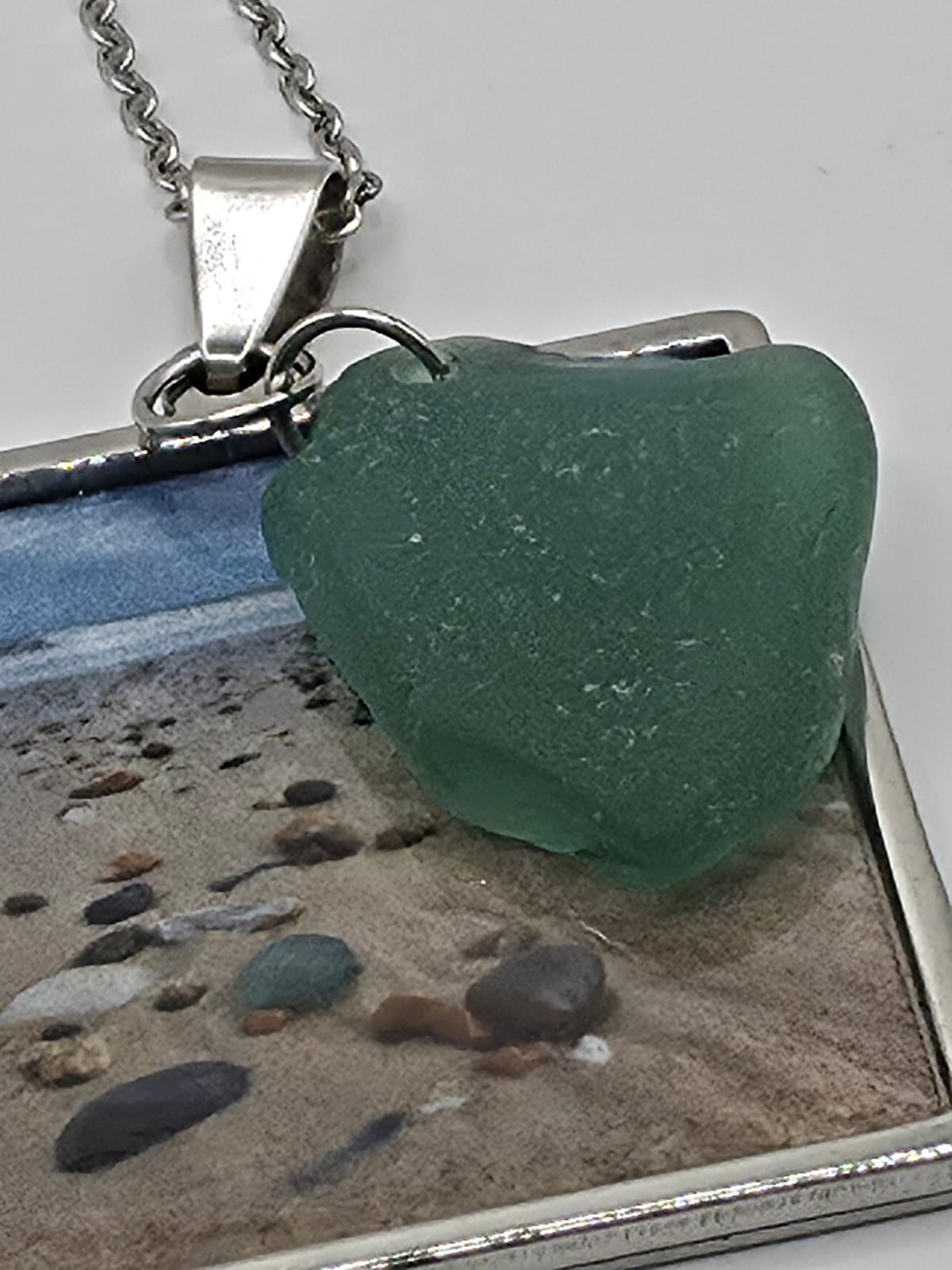 Real Sea Glass Pendant Necklace with Found Location Beach Photo, Stainless Steel Chain and Bezel