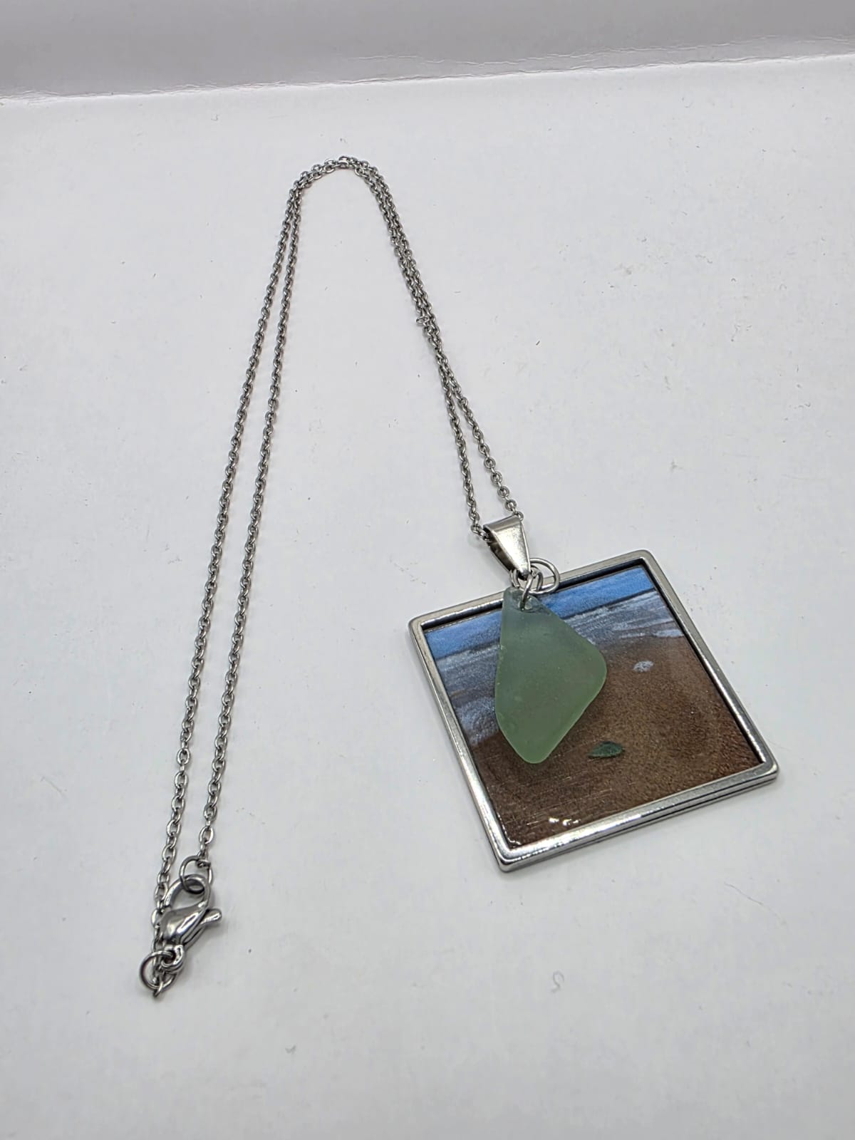 Real Sea Glass Pendant Necklace with Found Location Beach Photo, Stainless Steel Chain and Bezel