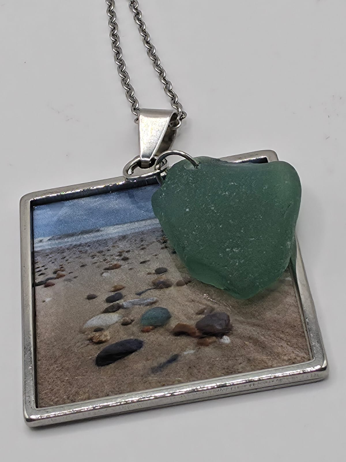 Real Sea Glass Pendant Necklace with Found Location Beach Photo, Stainless Steel Chain and Bezel