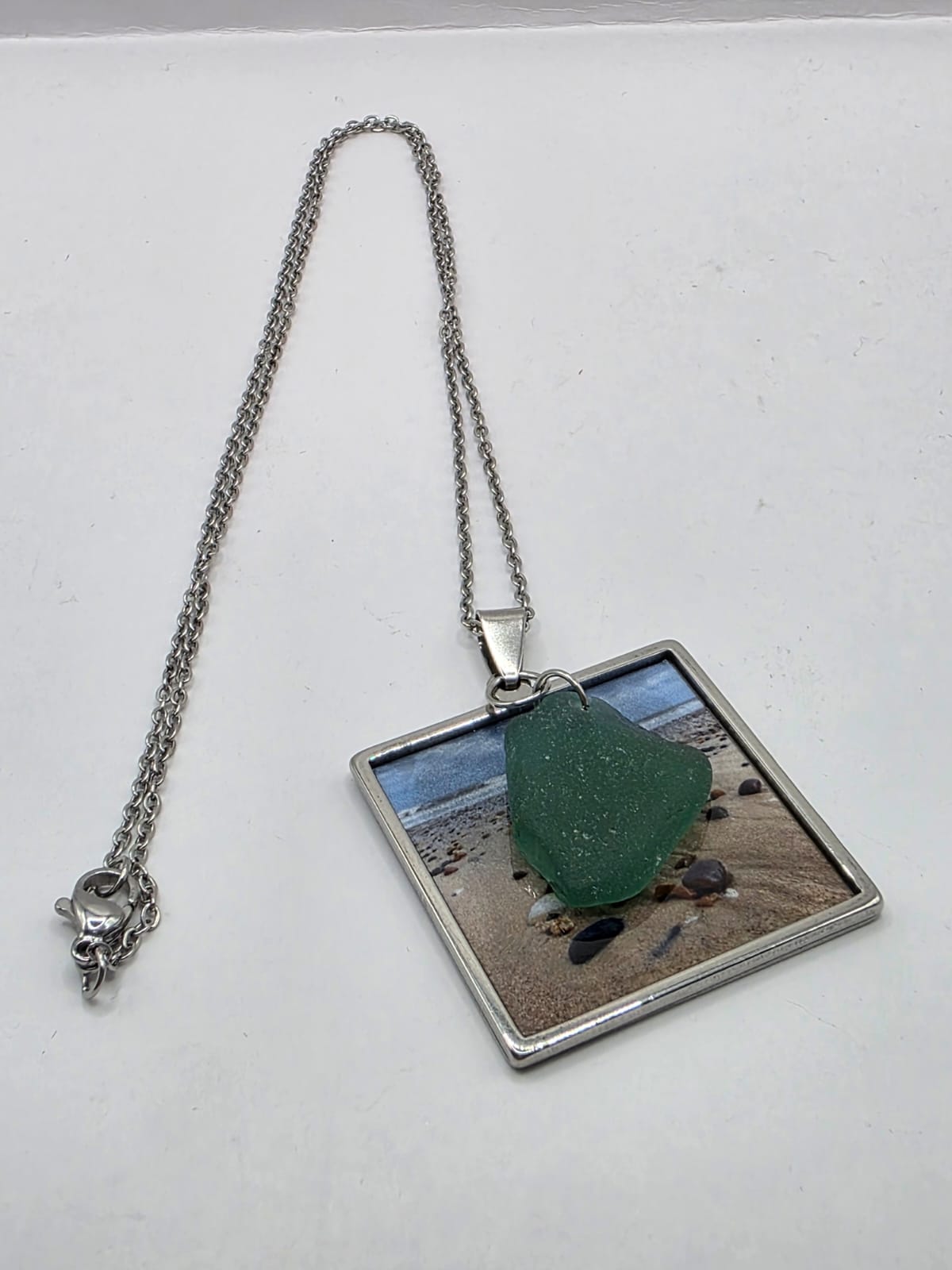 Real Sea Glass Pendant Necklace with Found Location Beach Photo, Stainless Steel Chain and Bezel