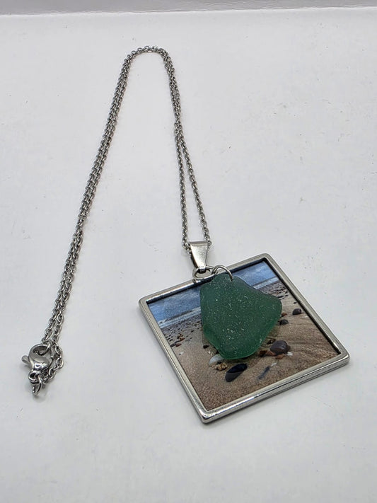 Real Sea Glass Pendant Necklace with Found Location Beach Photo, Stainless Steel Chain and Bezel