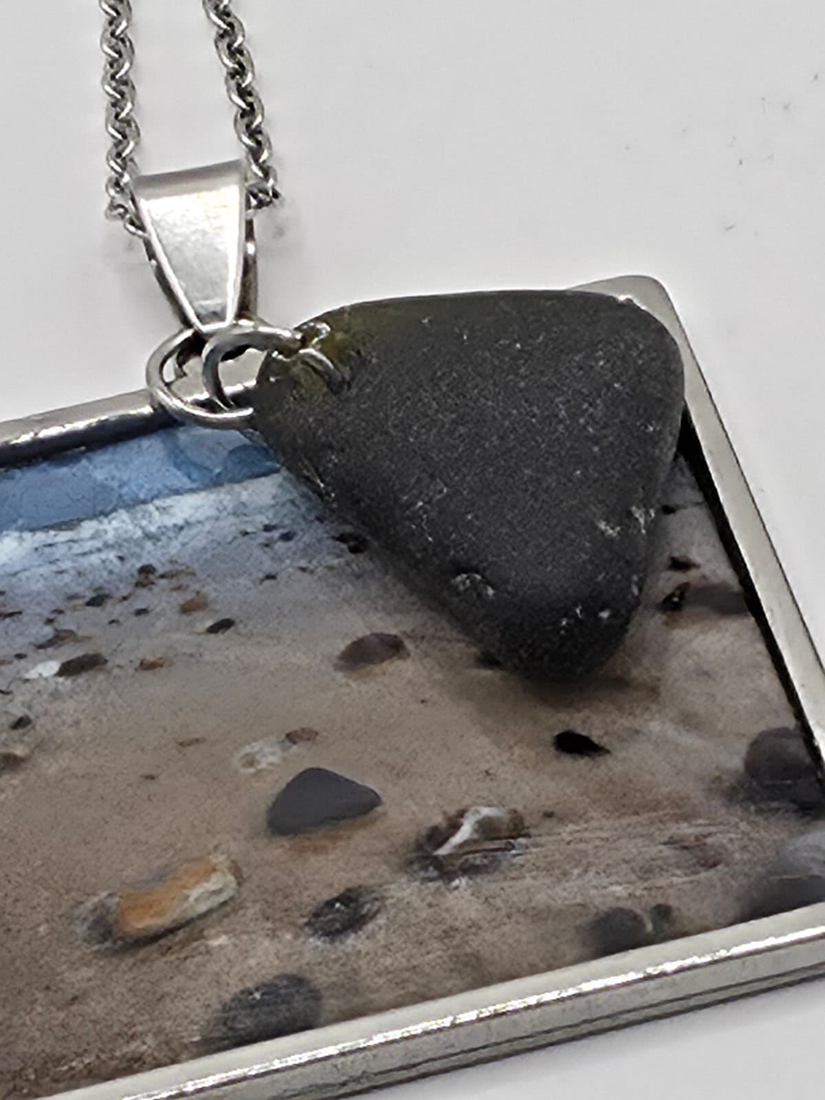 Real Sea Glass Pendant Necklace with Found Location Beach Photo, Stainless Steel Chain and Bezel