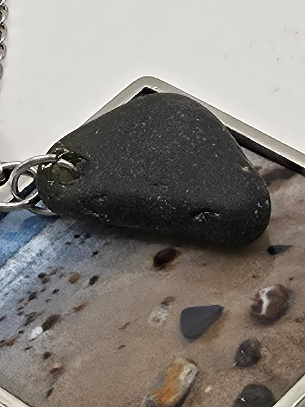 Real Sea Glass Pendant Necklace with Found Location Beach Photo, Stainless Steel Chain and Bezel