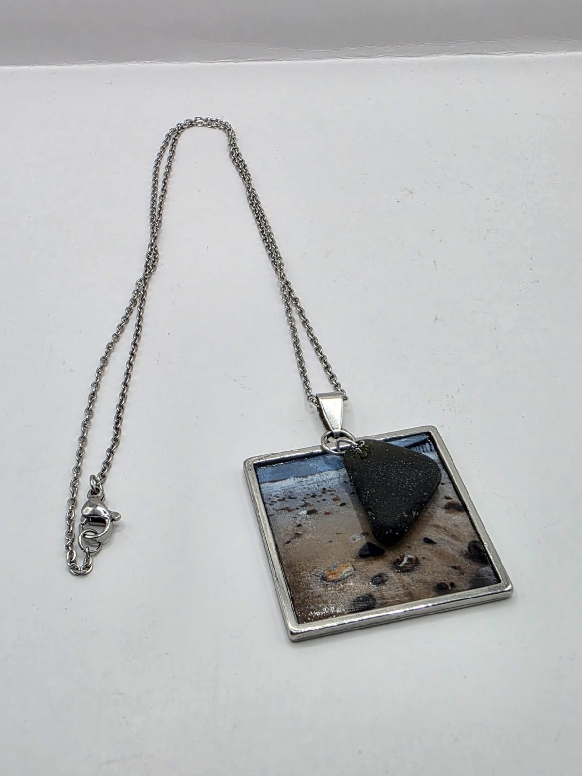 Real Sea Glass Pendant Necklace with Found Location Beach Photo, Stainless Steel Chain and Bezel